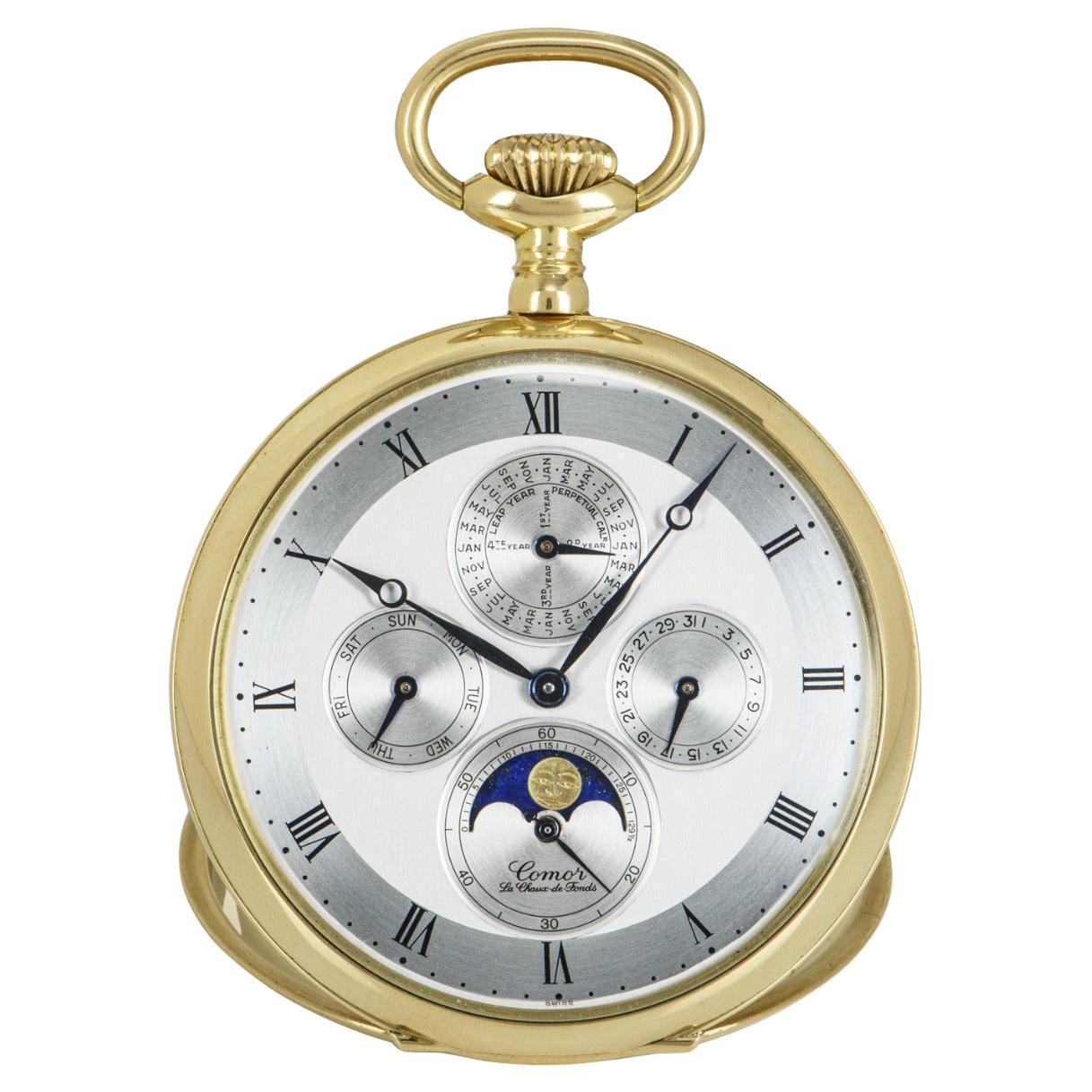 Comor 18kt Yellow Gold Open Face Keyless Lever Perpetual Calendar Pocket Watch  For Sale