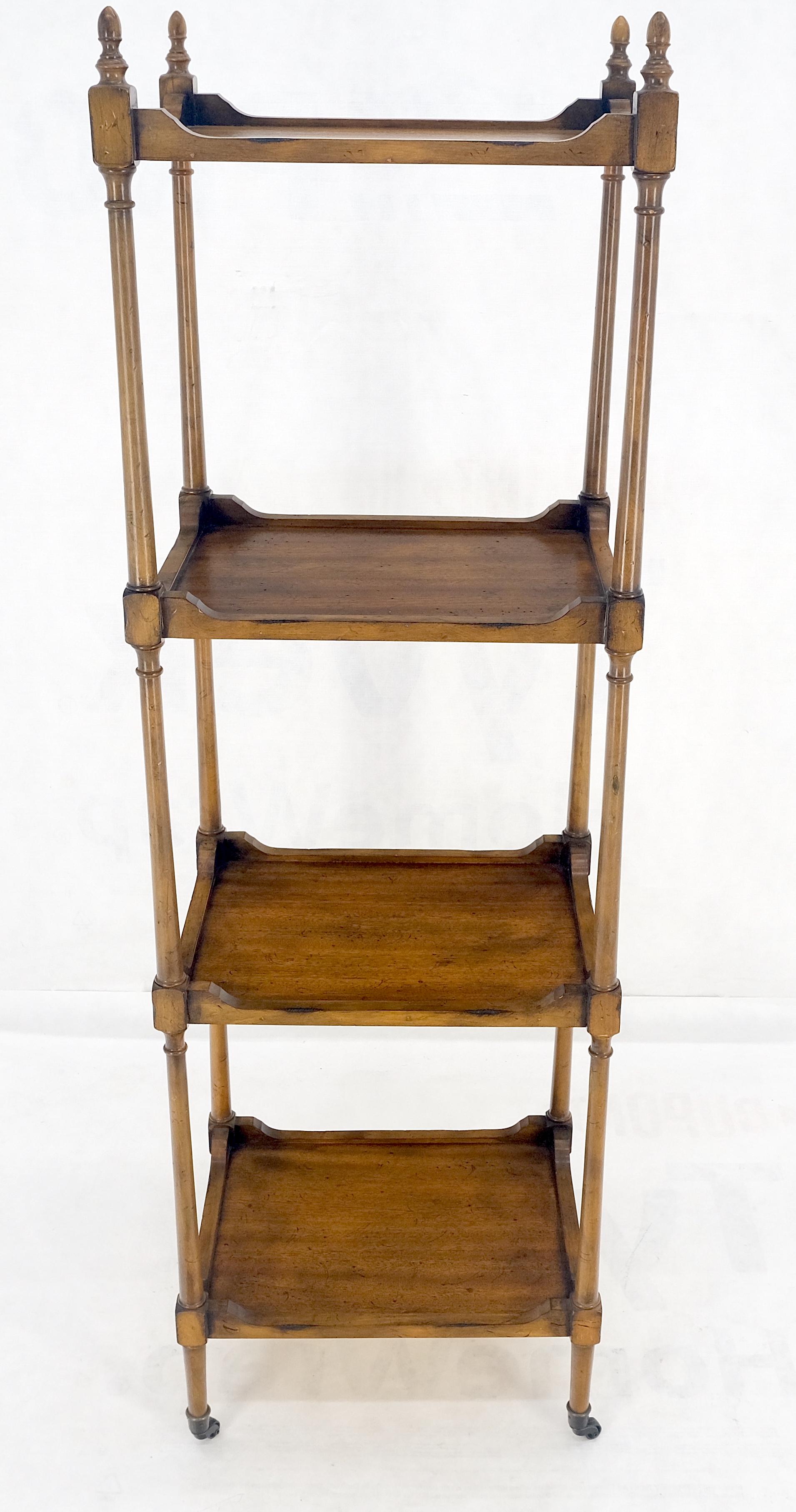 American Compact 14x18 Turned Poster Style 4 tier Etagere Shelving Unit w/ Finials MINT! For Sale