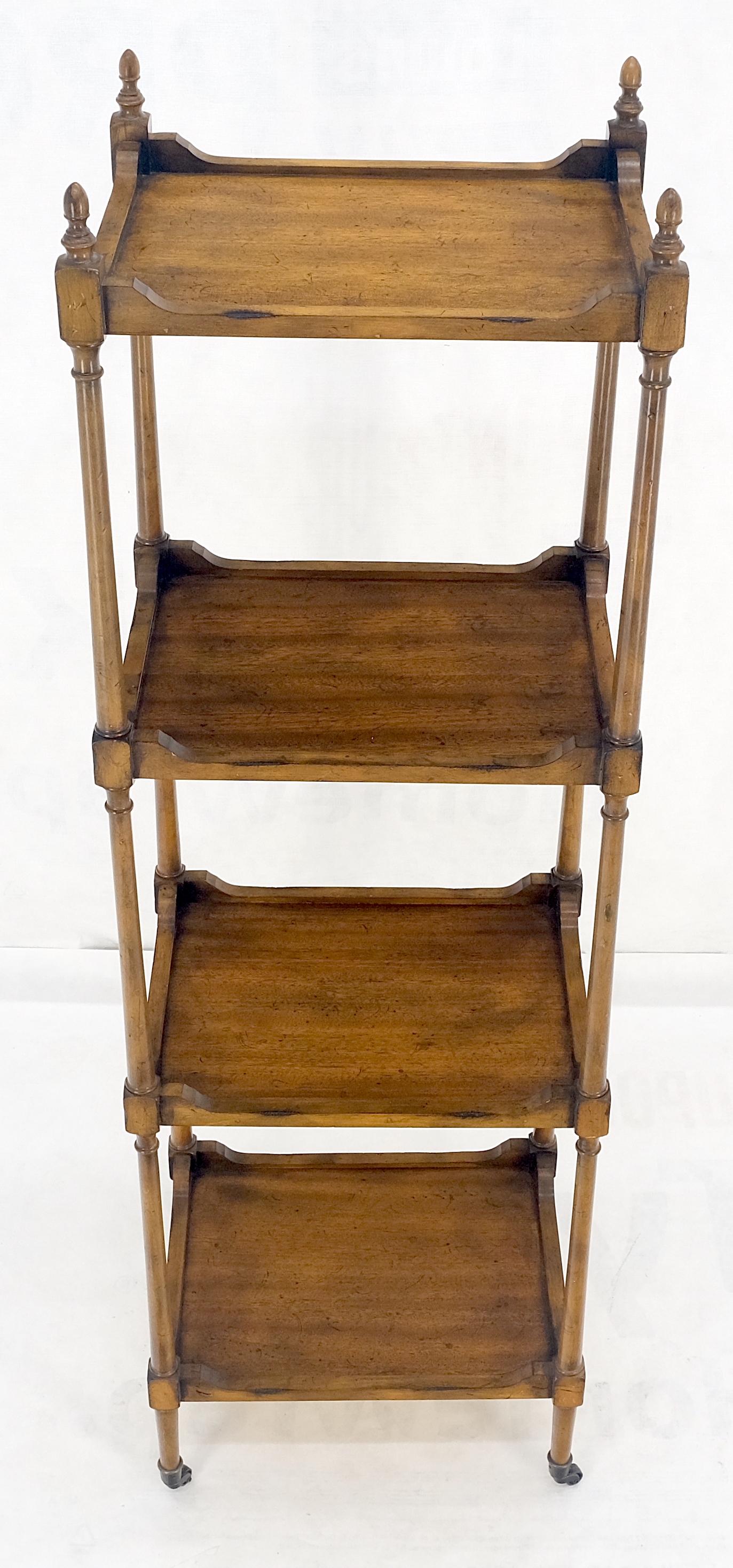 Lacquered Compact 14x18 Turned Poster Style 4 tier Etagere Shelving Unit w/ Finials MINT! For Sale