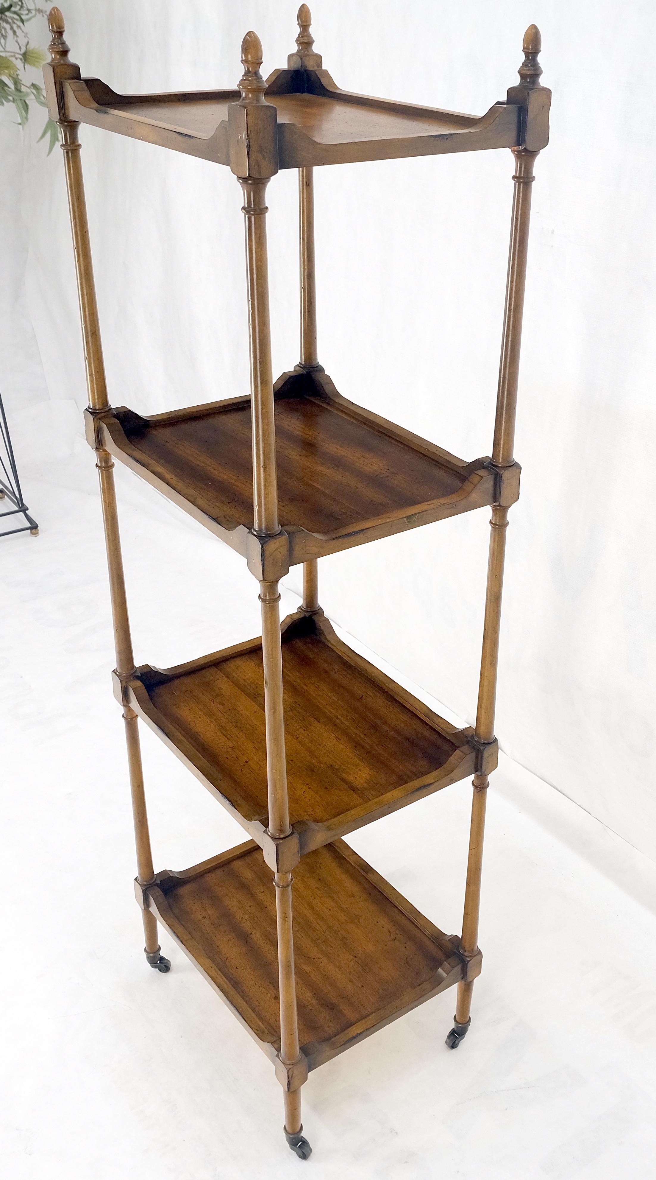 Compact 14x18 Turned Poster Style 4 tier Etagere Shelving Unit w/ Finials MINT! In Good Condition For Sale In Rockaway, NJ