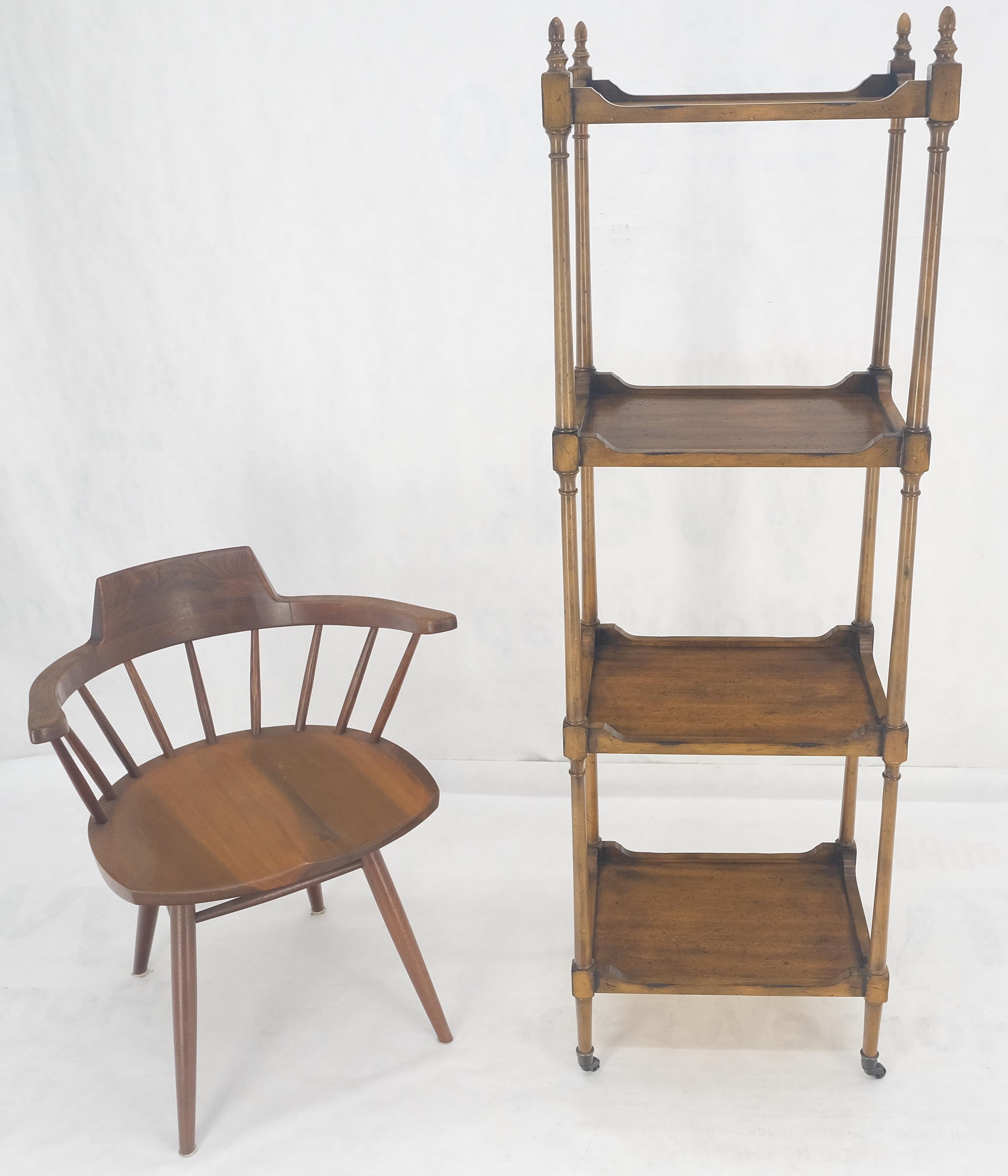 Fruitwood Compact 14x18 Turned Poster Style 4 tier Etagere Shelving Unit w/ Finials MINT! For Sale