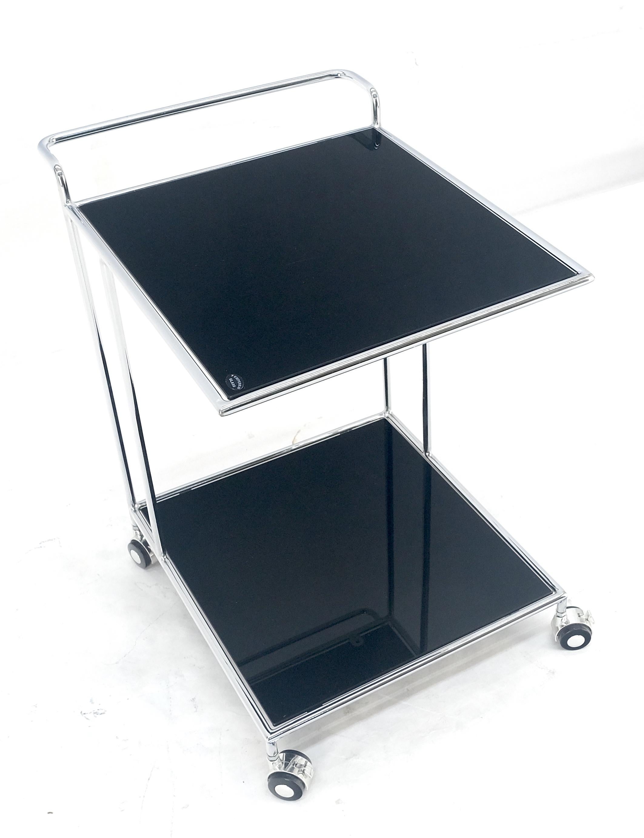 Compact 16x20 Smoked Glass Shelves Two Tier Italian Serving Cart on Wheels MINT In Good Condition For Sale In Rockaway, NJ