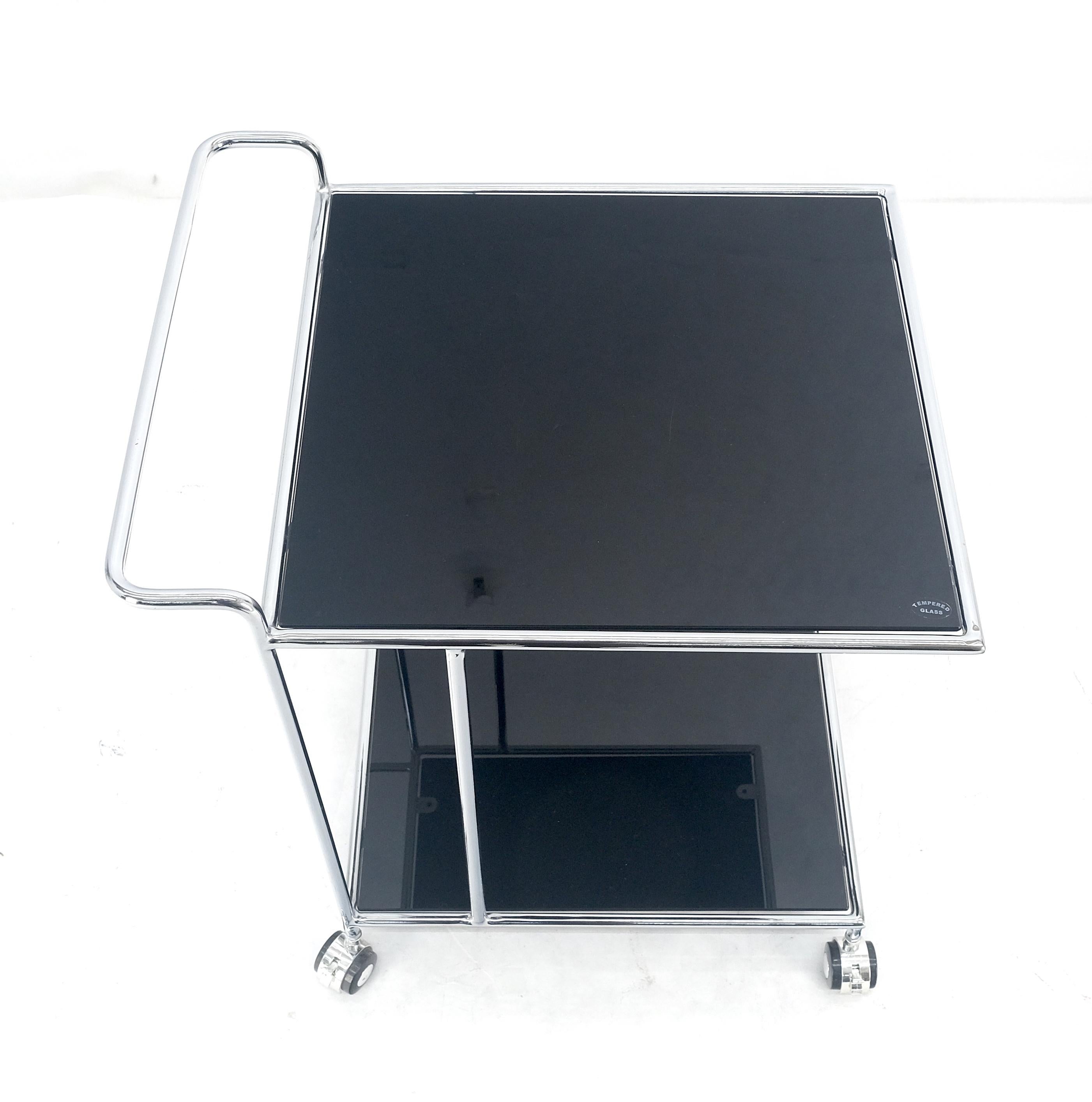 20th Century Compact 16x20 Smoked Glass Shelves Two Tier Italian Serving Cart on Wheels MINT For Sale
