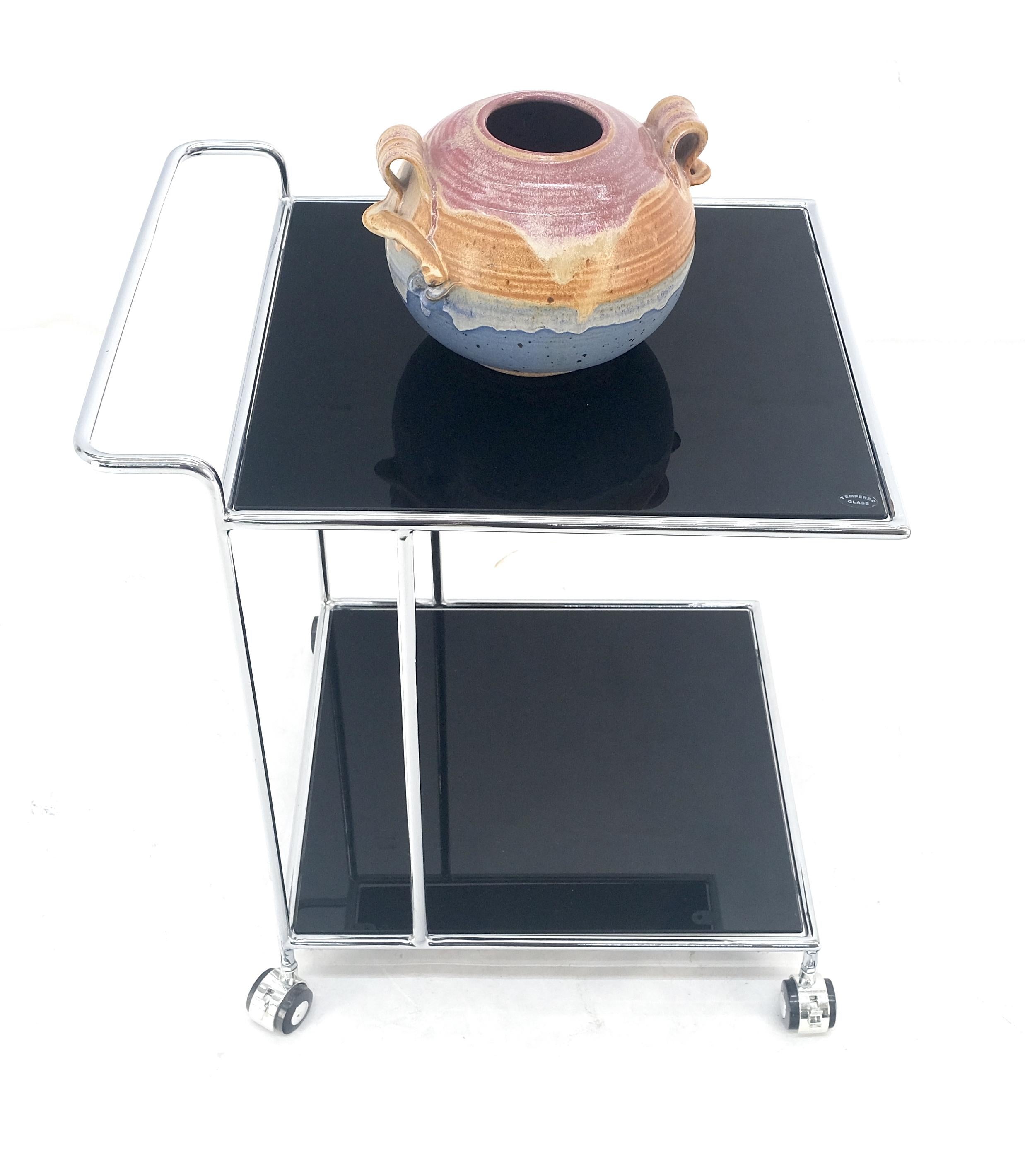 Compact 16x20 Smoked Glass Shelves Two Tier Italian Serving Cart on Wheels MINT For Sale 2