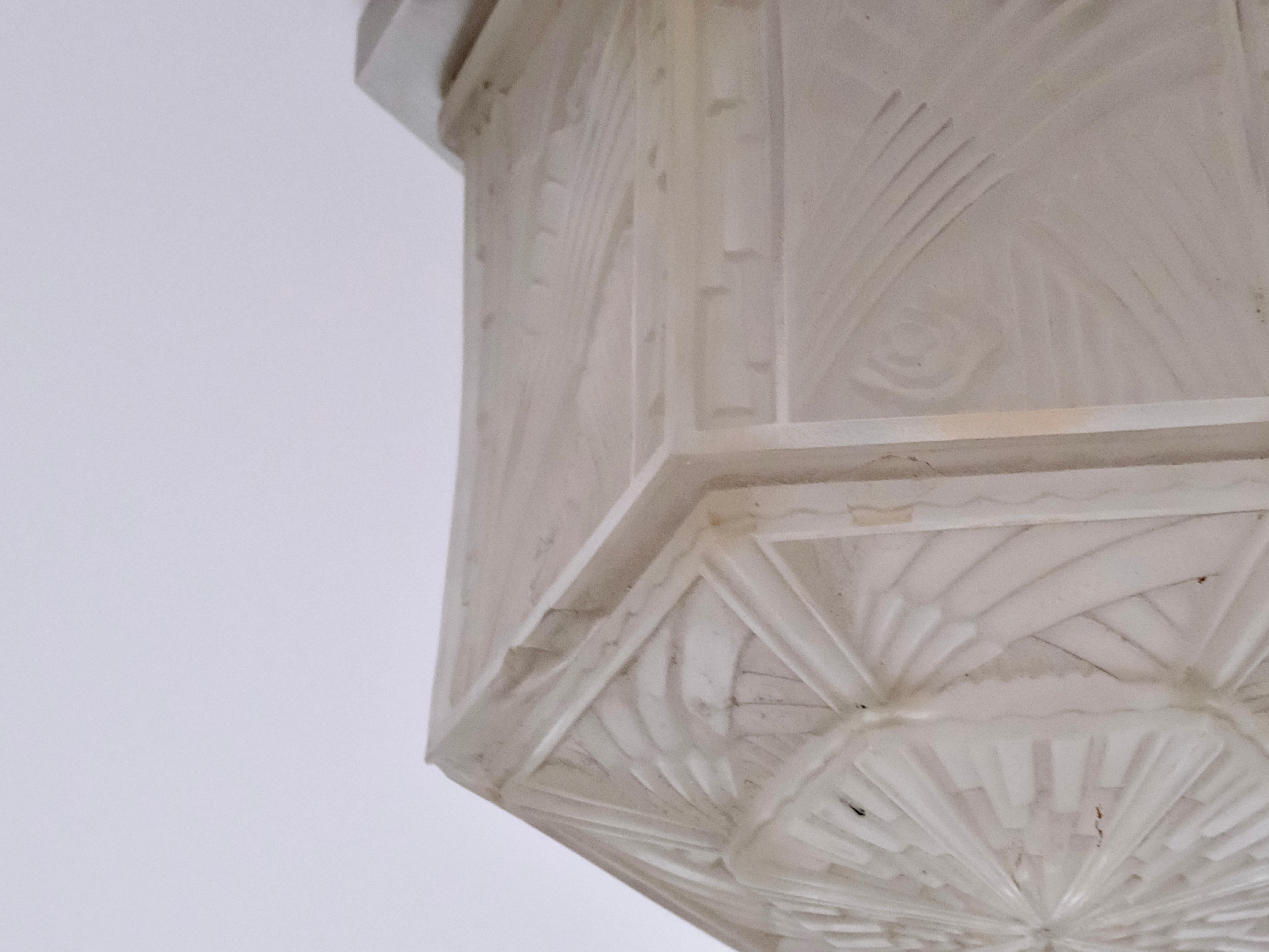 Mid-20th Century Compact Art Deco Ceiling Lamp, Hexagonal Pressed Glass, France 1930s For Sale
