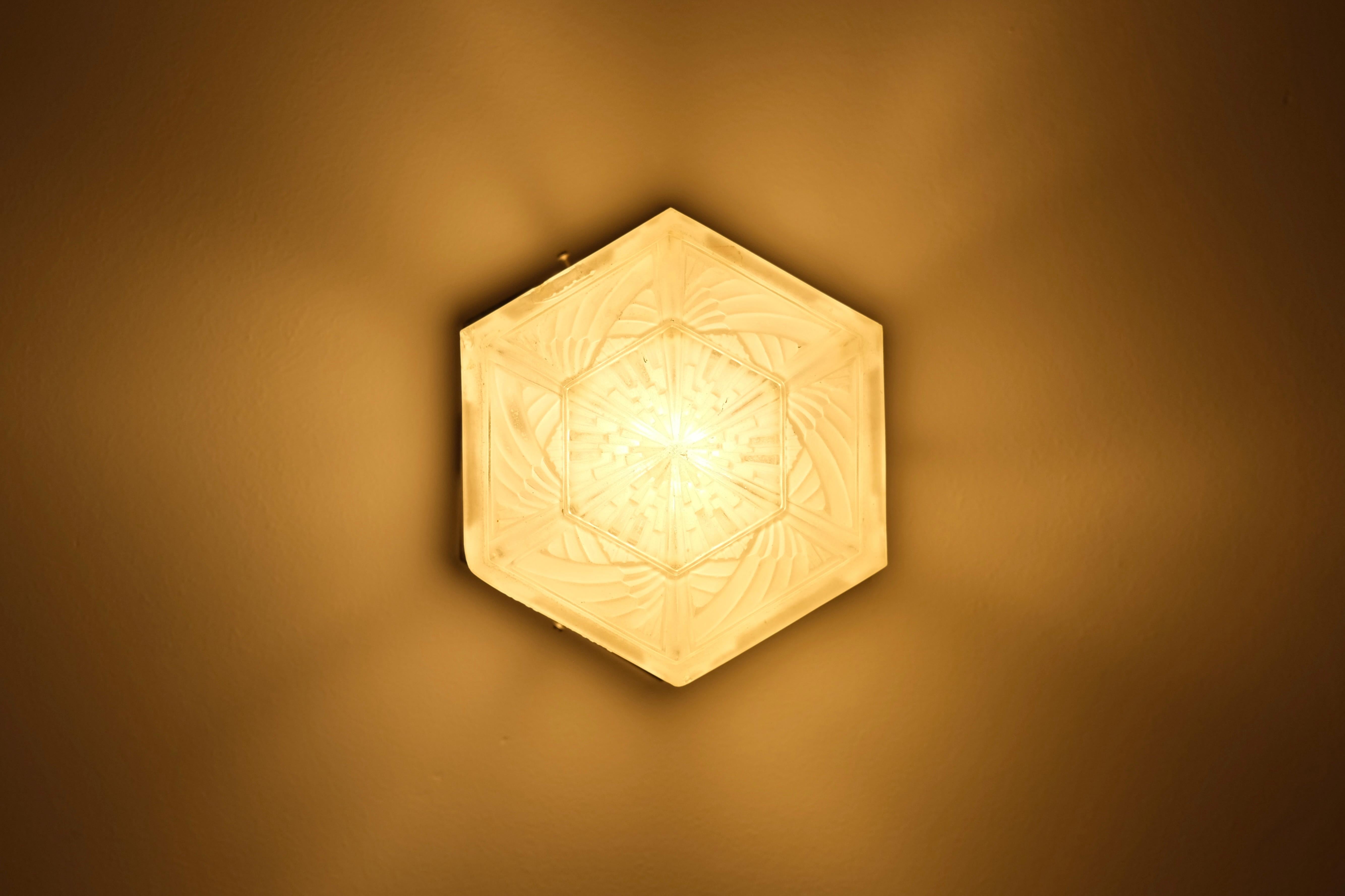 Compact Art Deco Ceiling Lamp, Hexagonal Pressed Glass, France 1930s For Sale 2