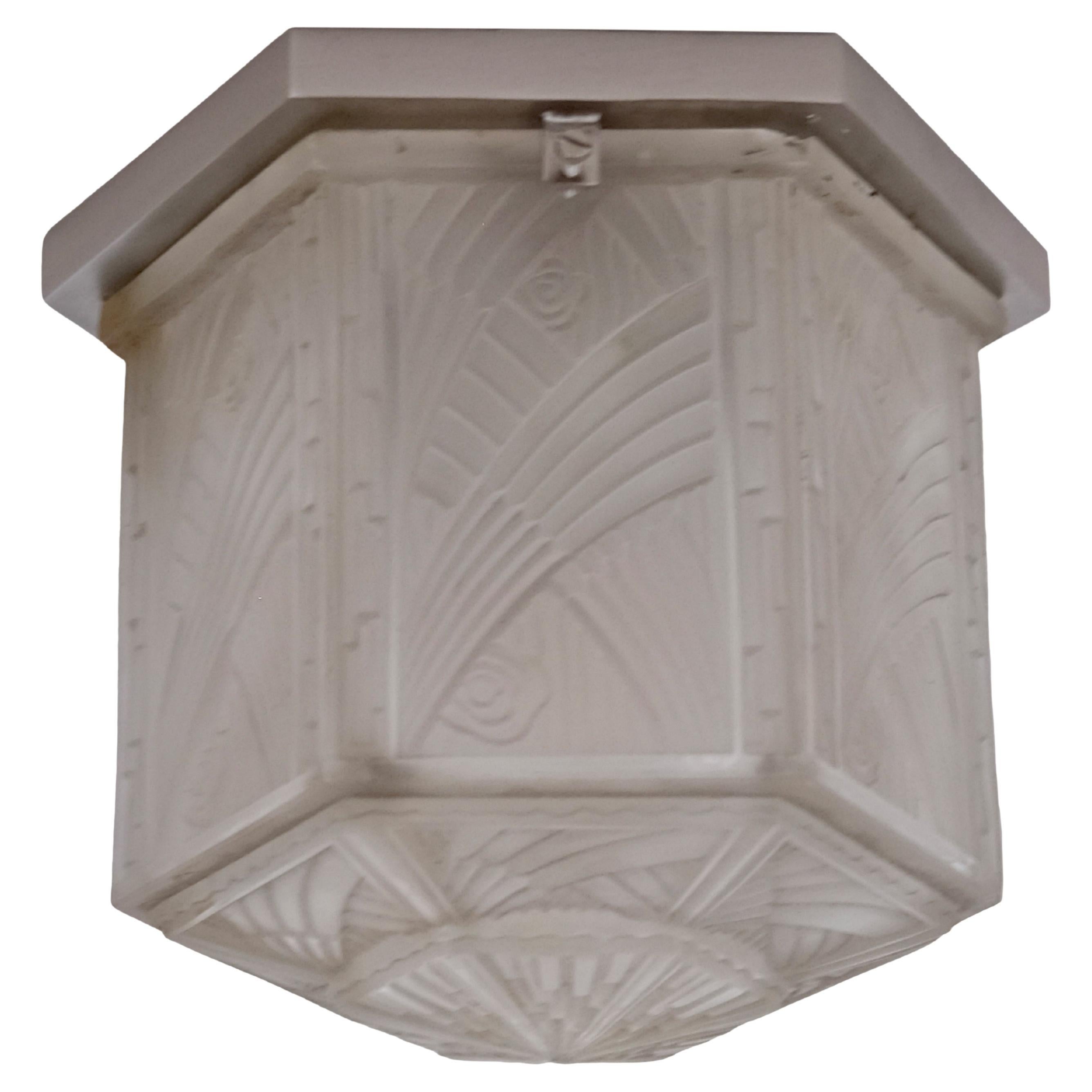 Compact Art Deco Ceiling Lamp, Hexagonal Pressed Glass, France 1930s For Sale