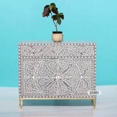 Compact Bone Inlay Cabinet with Gold Legs & Brass Knobs by House of Jaipur