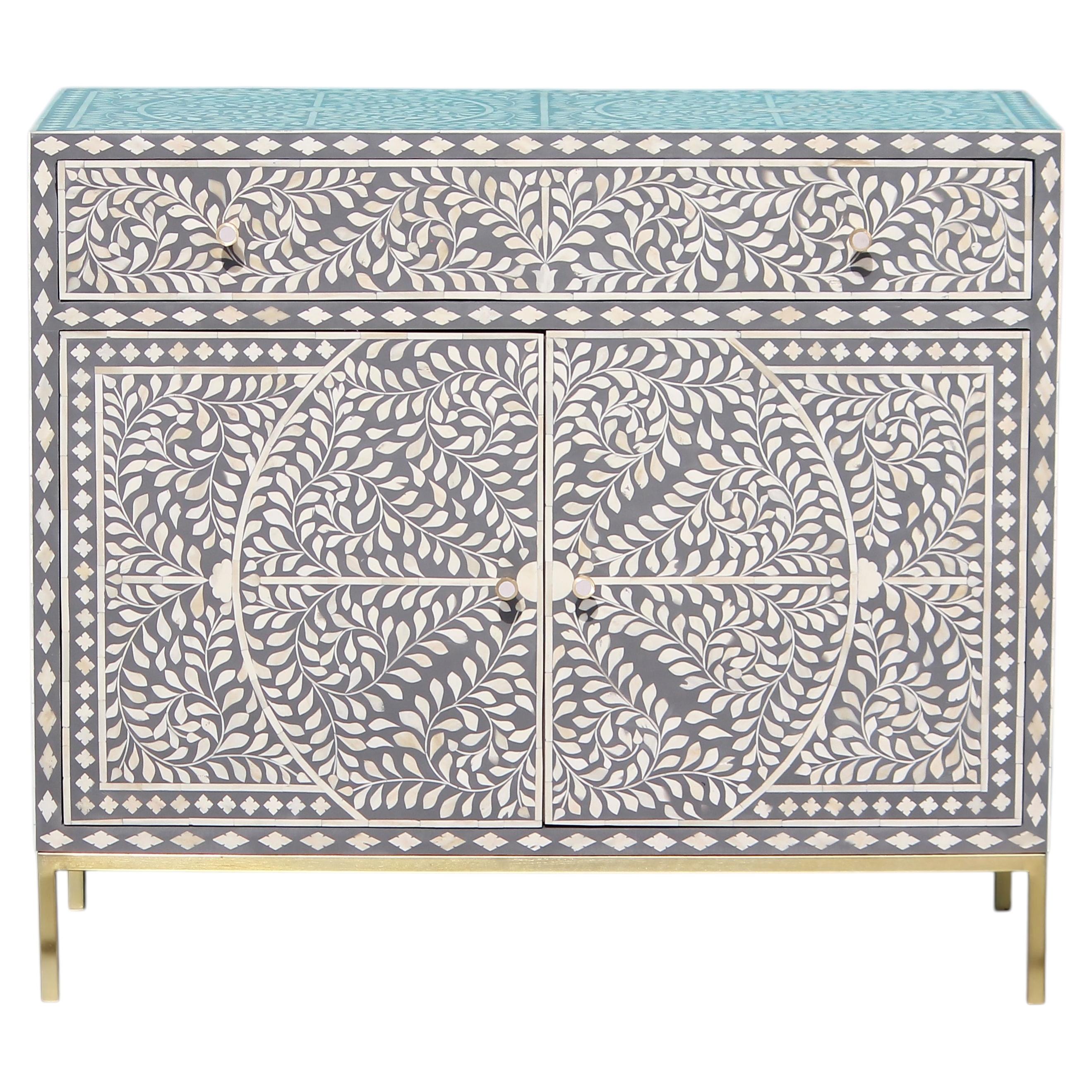 Compact Bone Inlay Cabinet with Gold Legs & Brass Knobs by House of Jaipur For Sale