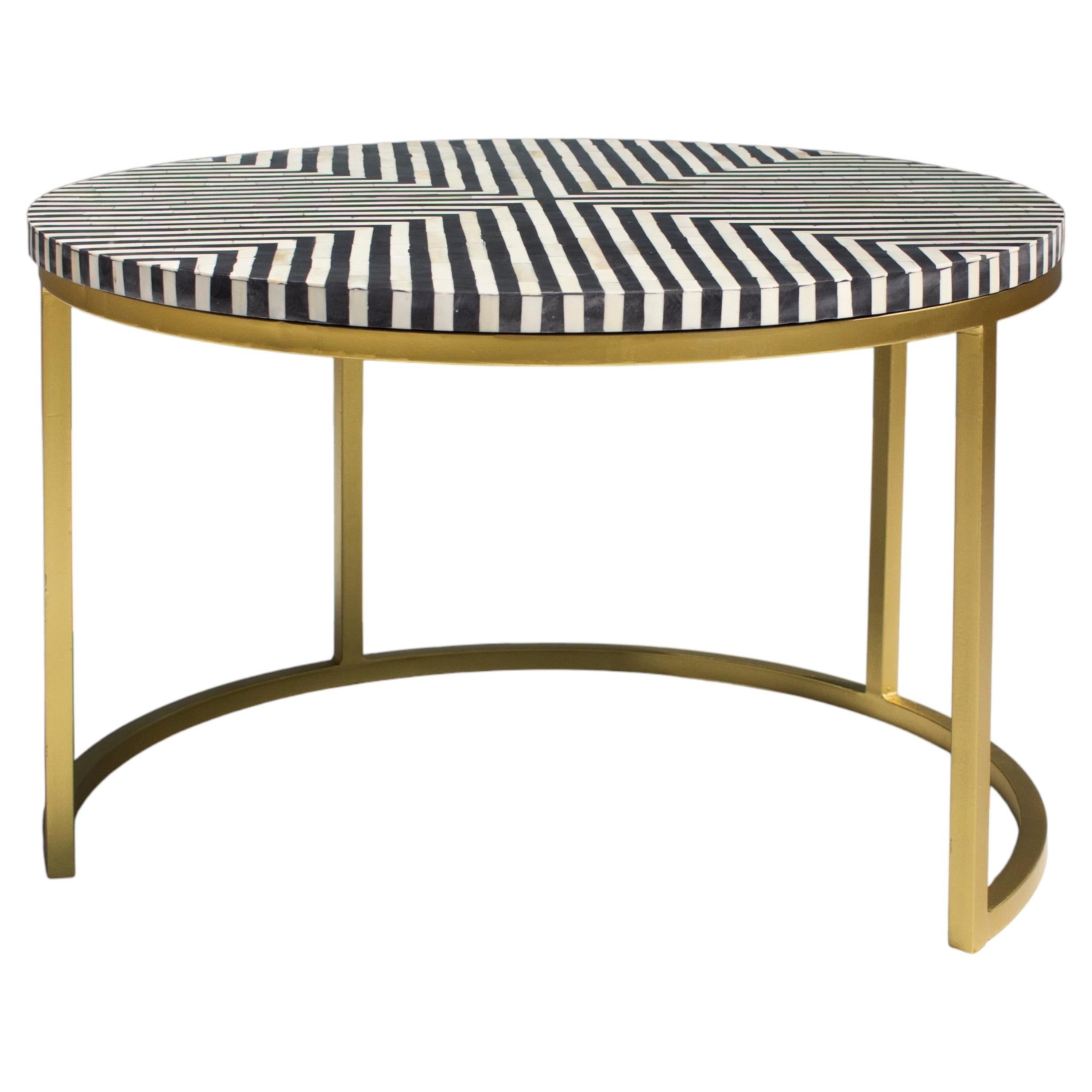 Compact Bone Inlay Square Coffee Table with Gold Nickel Legs by House of Jaipur For Sale