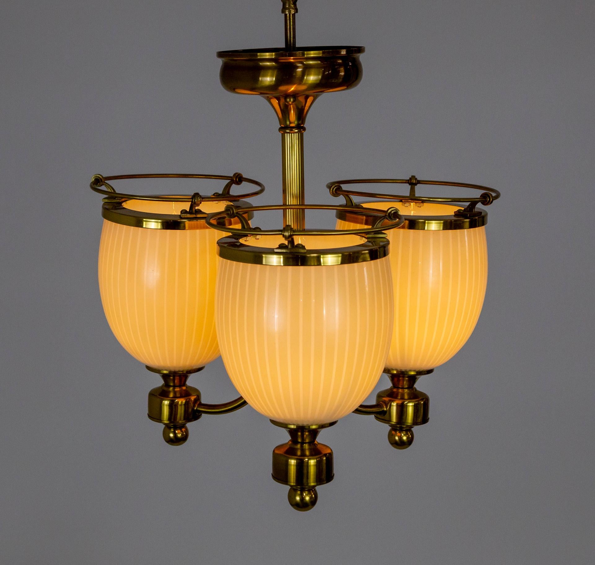 Compact Brass 3-Light Chandelier w/ Cream Glass Shades For Sale 6