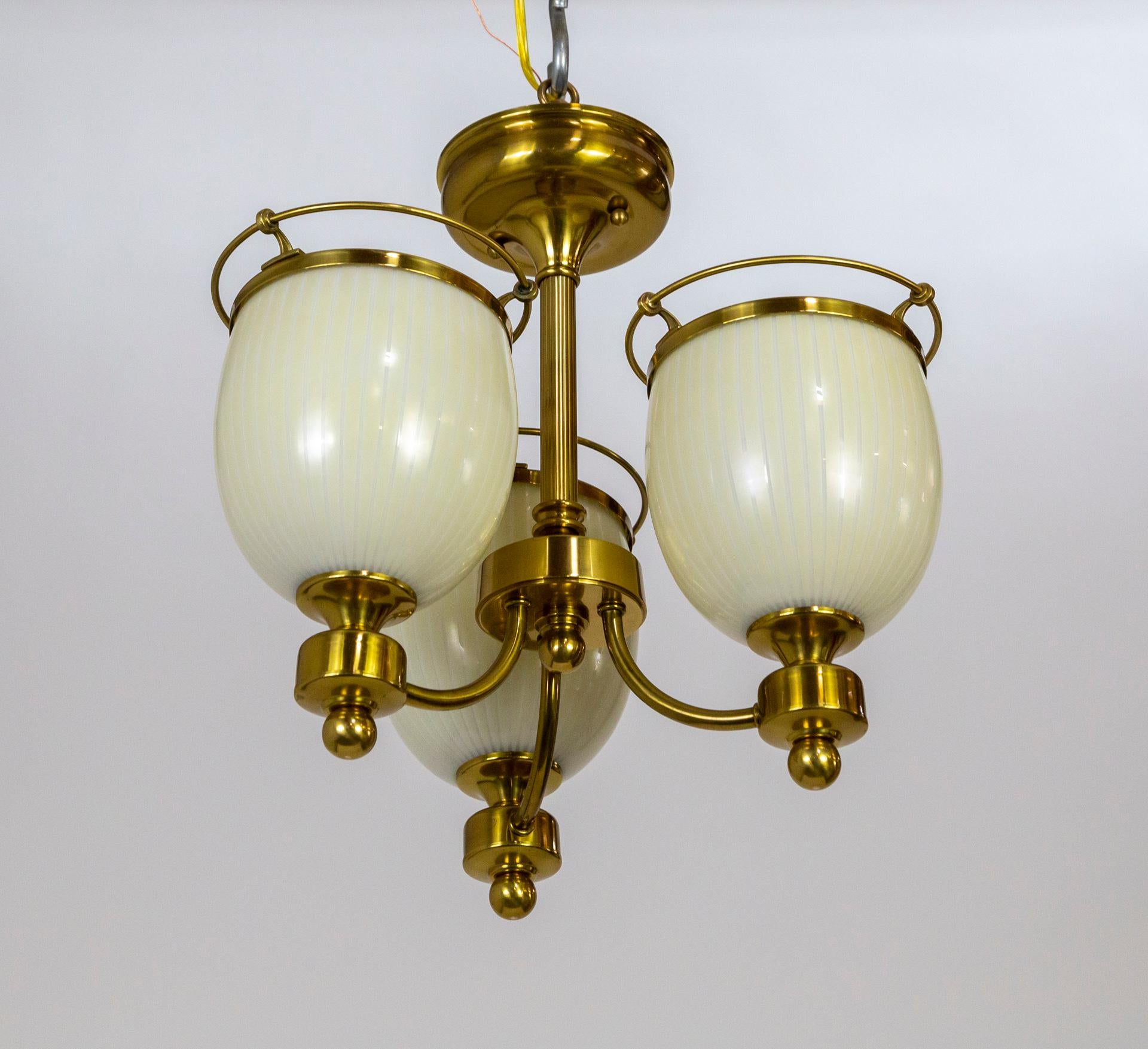 Compact Brass 3-Light Chandelier w/ Cream Glass Shades In New Condition For Sale In San Francisco, CA