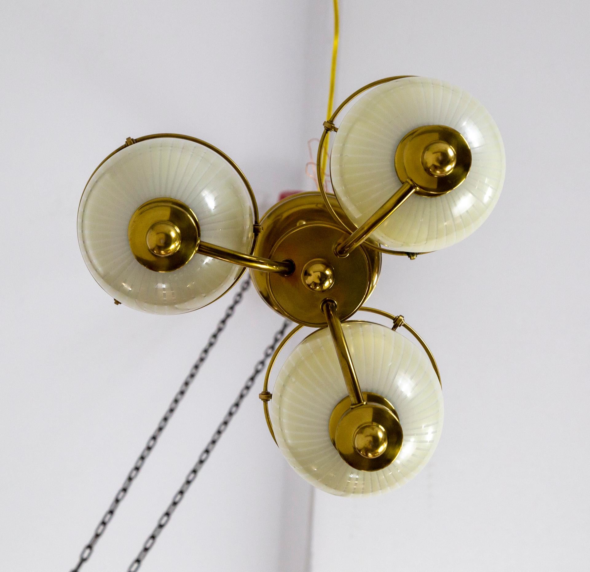 Contemporary Compact Brass 3-Light Chandelier w/ Cream Glass Shades For Sale