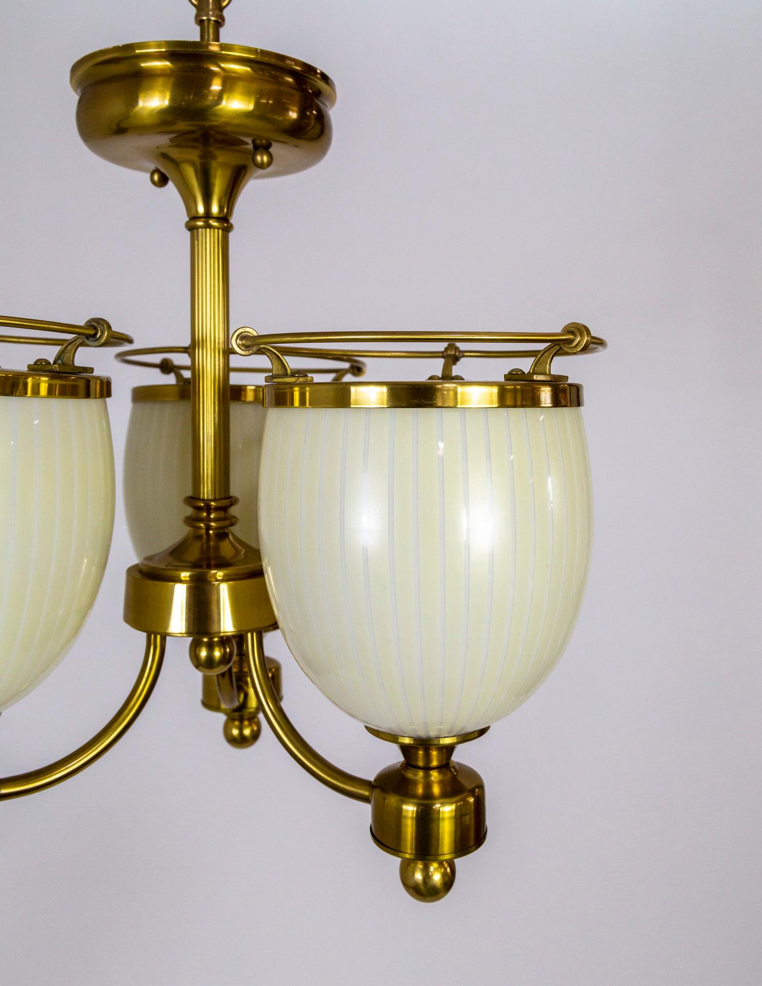 Compact Brass 3-Light Chandelier w/ Cream Glass Shades For Sale 2