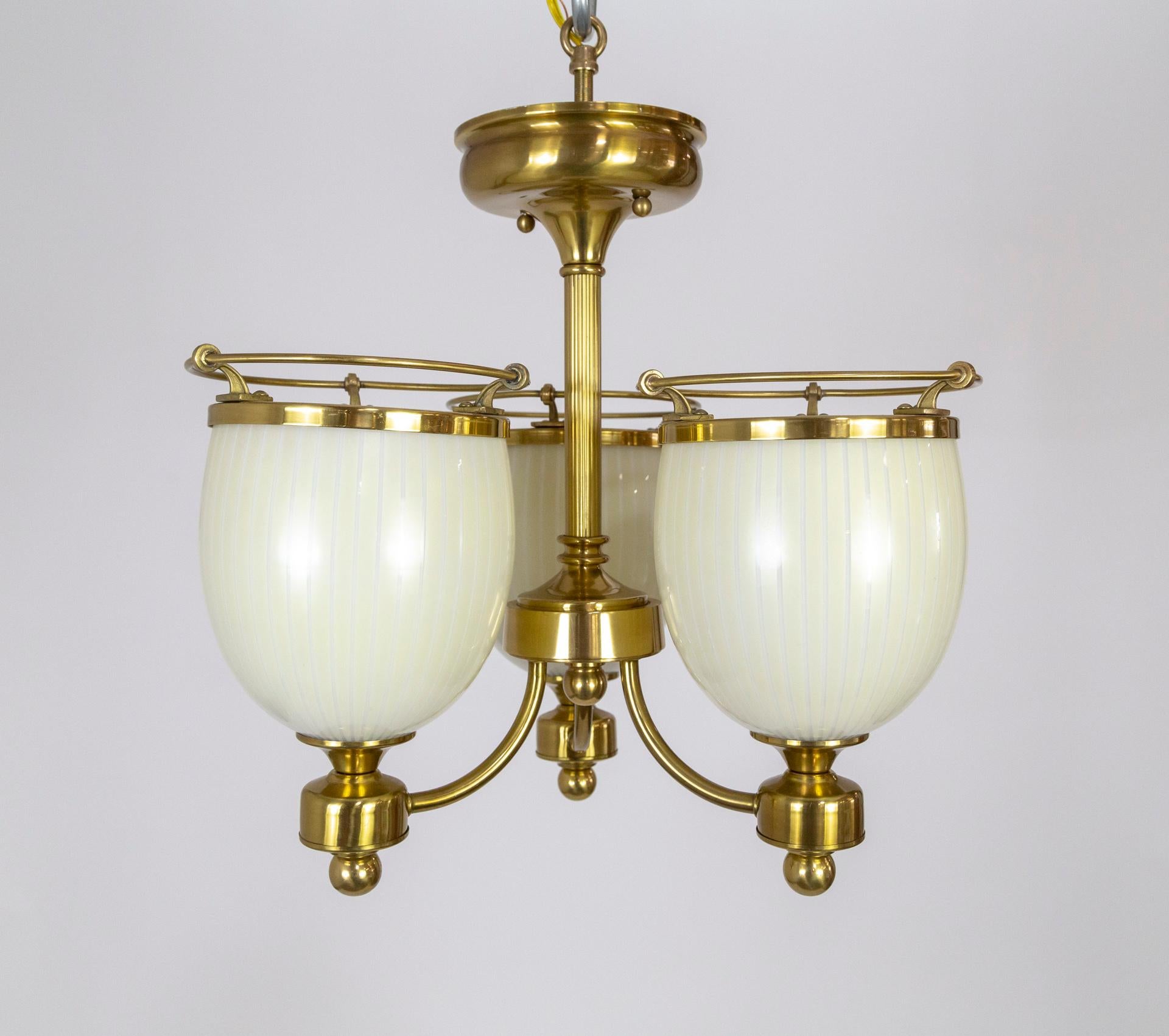 Compact Brass 3-Light Chandelier w/ Cream Glass Shades For Sale 3