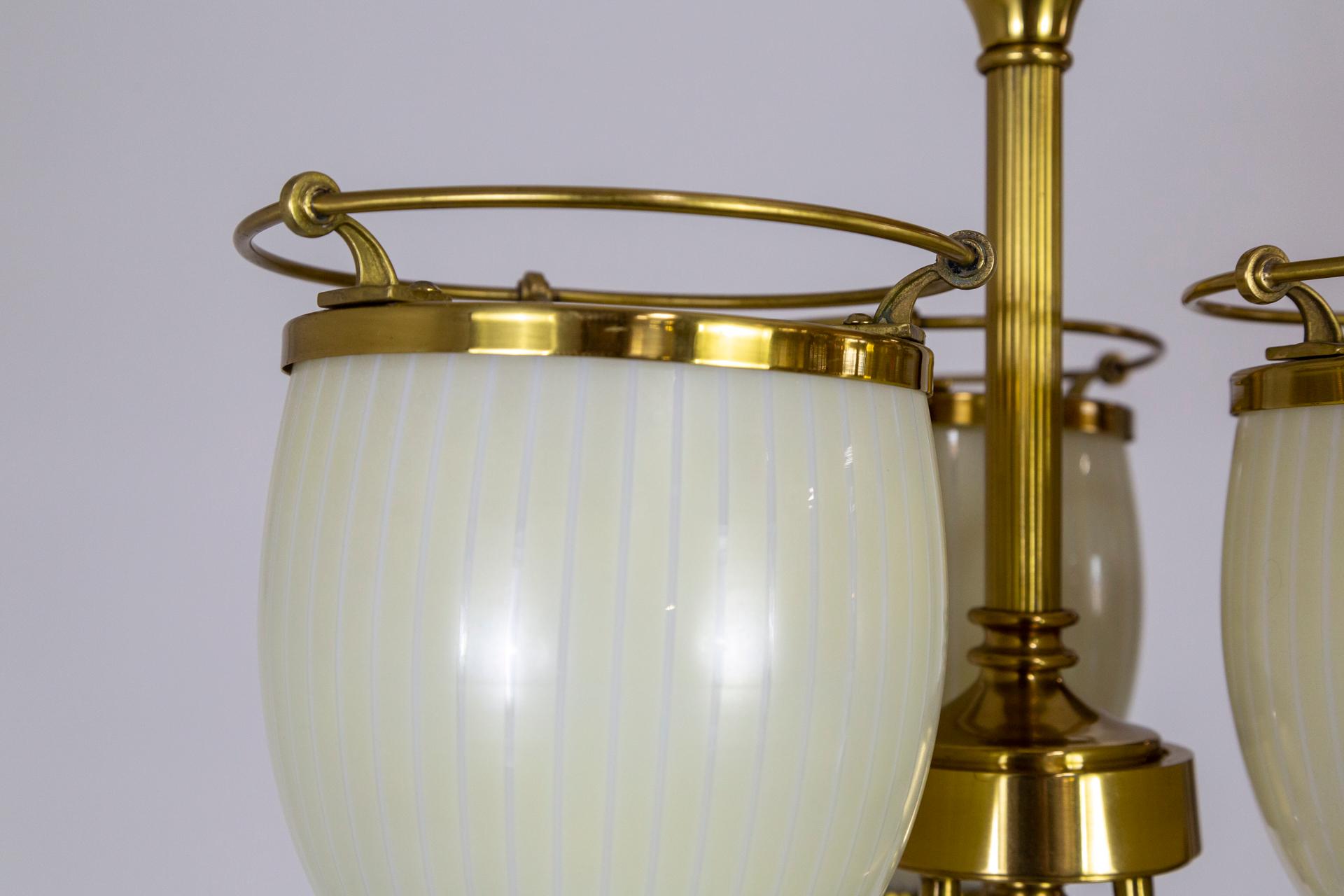 Compact Brass 3-Light Chandelier w/ Cream Glass Shades For Sale 4