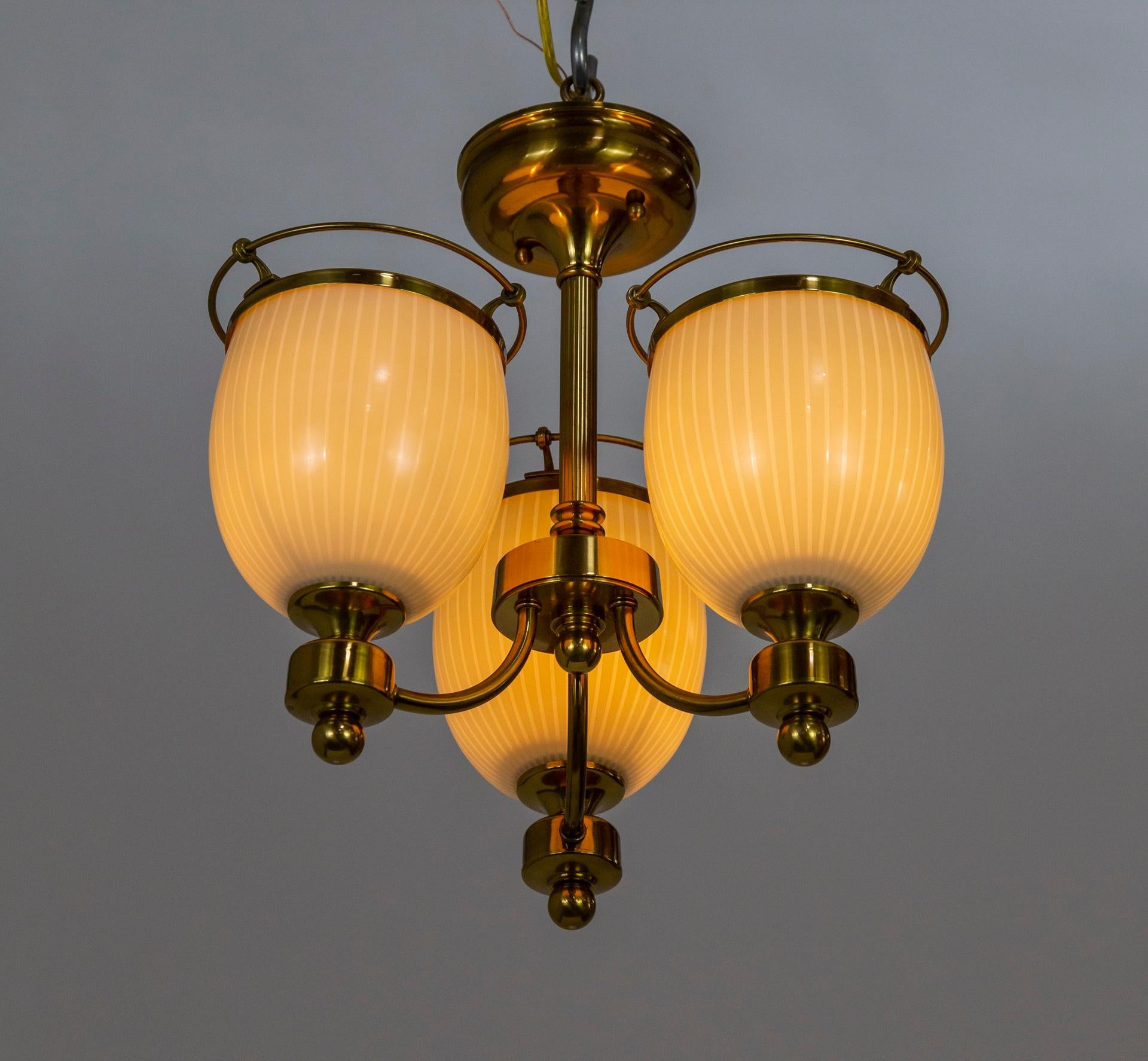 Compact Brass 3-Light Chandelier w/ Cream Glass Shades For Sale 5