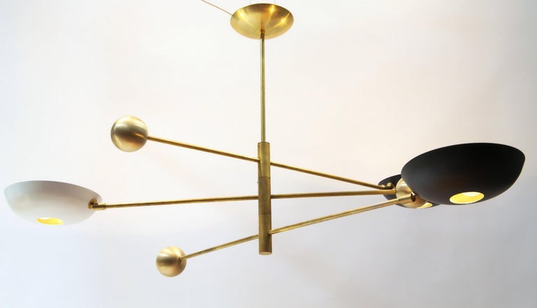 Patinated Compact Orbitale Brass Chandelier 3 Rotating Balanced Arms, Low Ceiling Featured For Sale