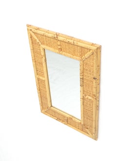 Compact Rectangle Bamboo Frame Decorative Mid Century Modern c1970s Wall Mirror