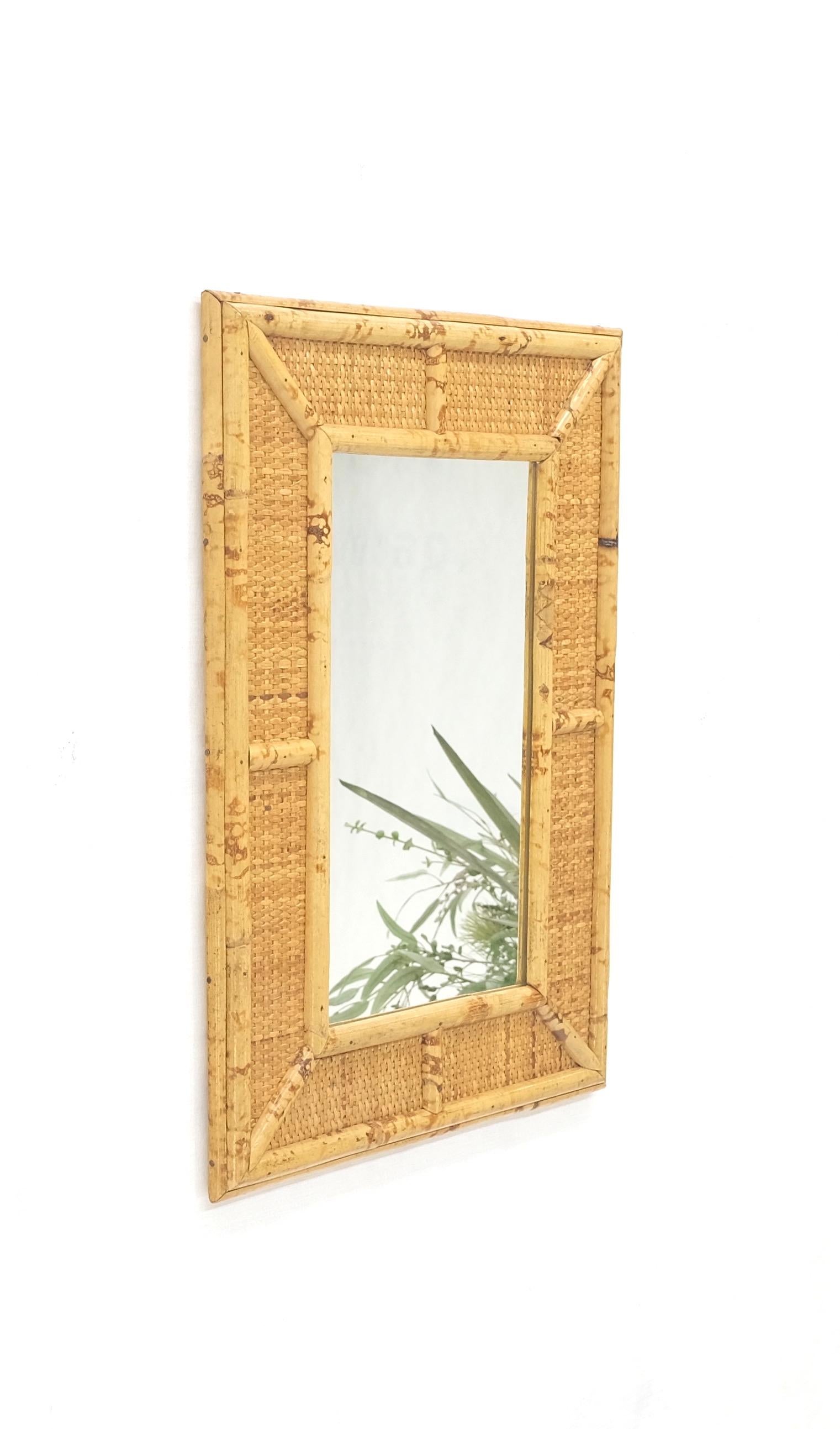 Mid-Century Modern Compact Rectangle Bamboo Frame Decorative Mid Century Modern c1970s Wall Mirror  For Sale