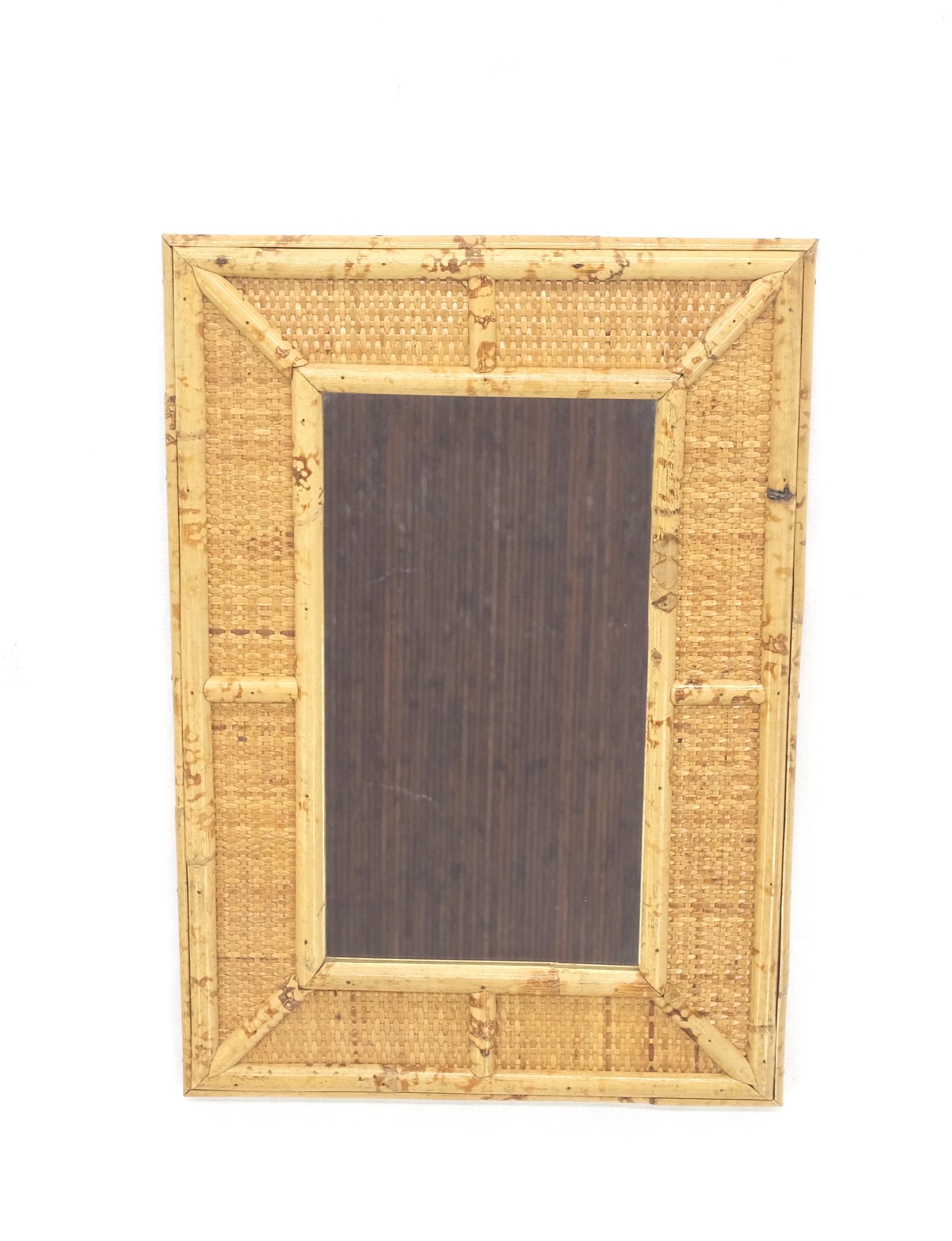 American Compact Rectangle Bamboo Frame Decorative Mid Century Modern c1970s Wall Mirror  For Sale