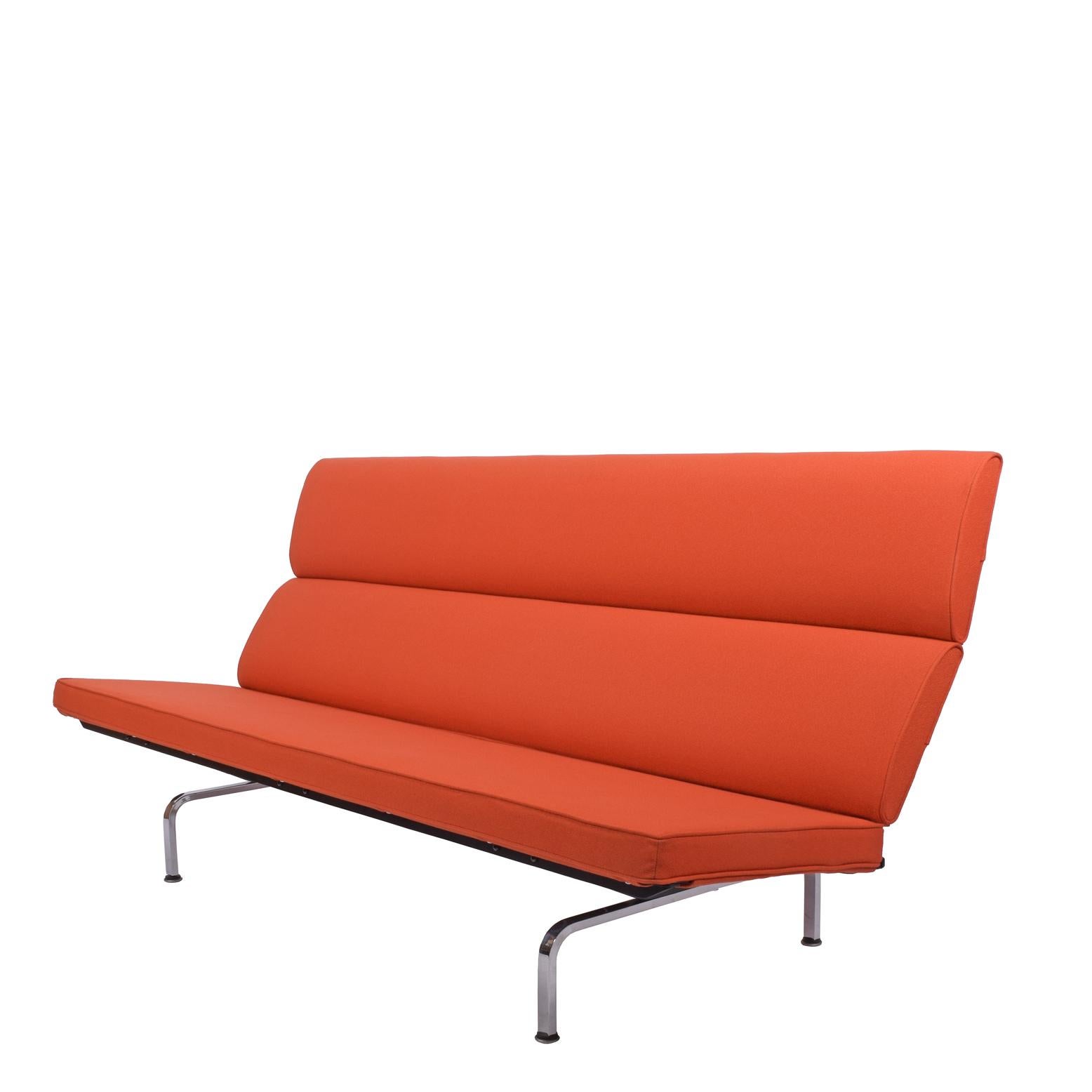 Folding sofa with two section back, metal brackets on polished chrome legs.
All glides intact. Made by Herman Miller.