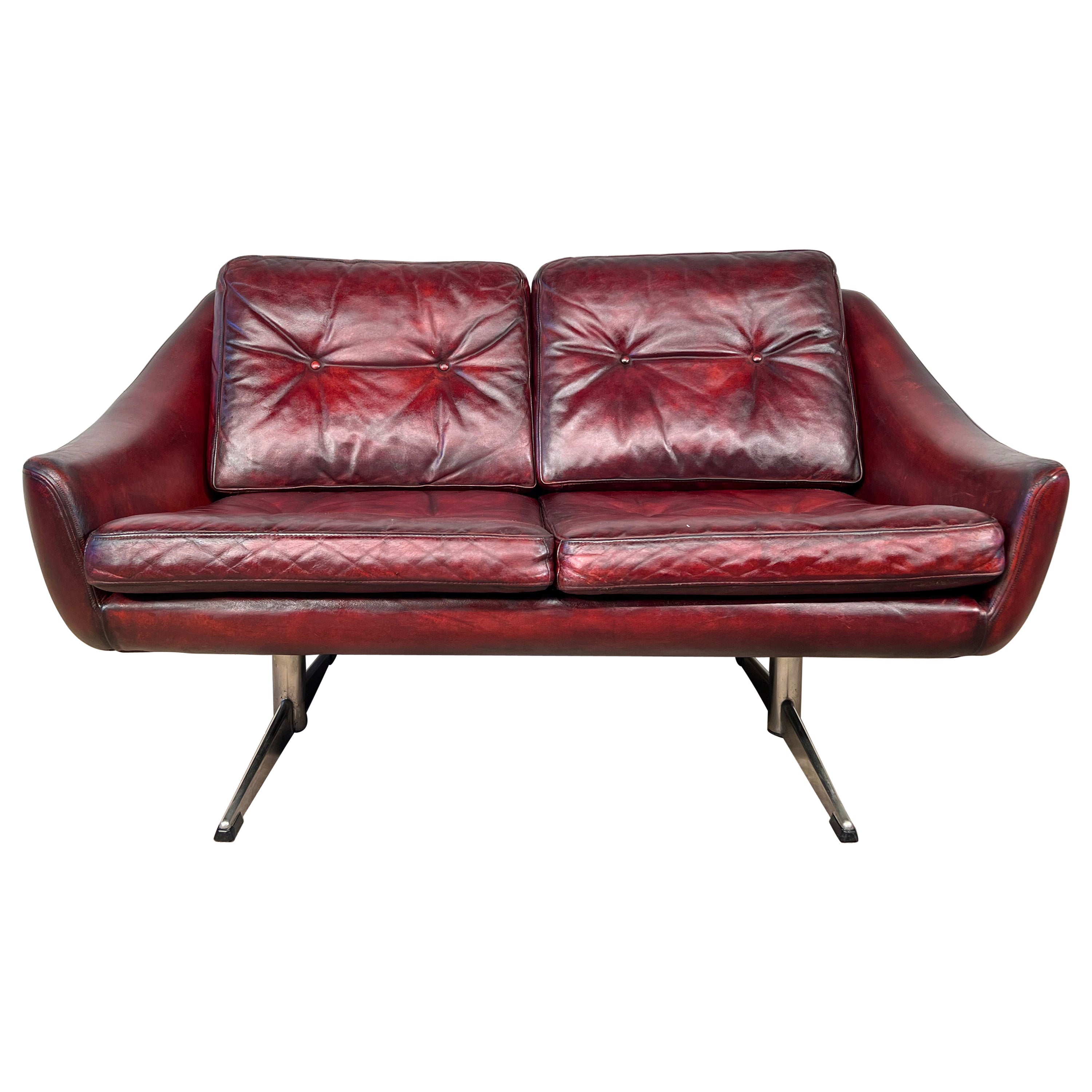 Compact Vintage Danish 70s Chestnut Two Seater Leather Sofa #519