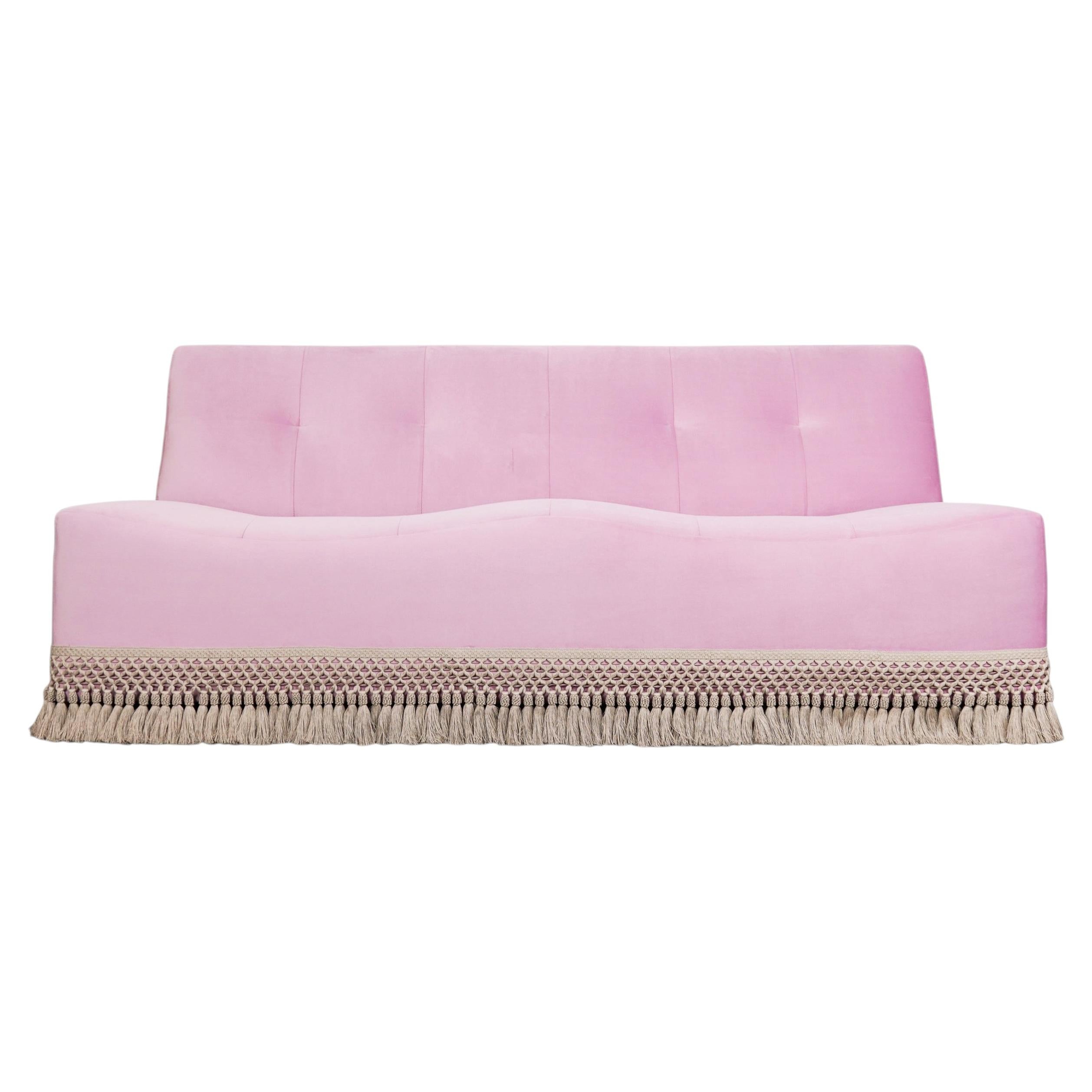 Compact Wave-Back Pink Velvet Sofa with Bullion Fringe, Customizable For Sale