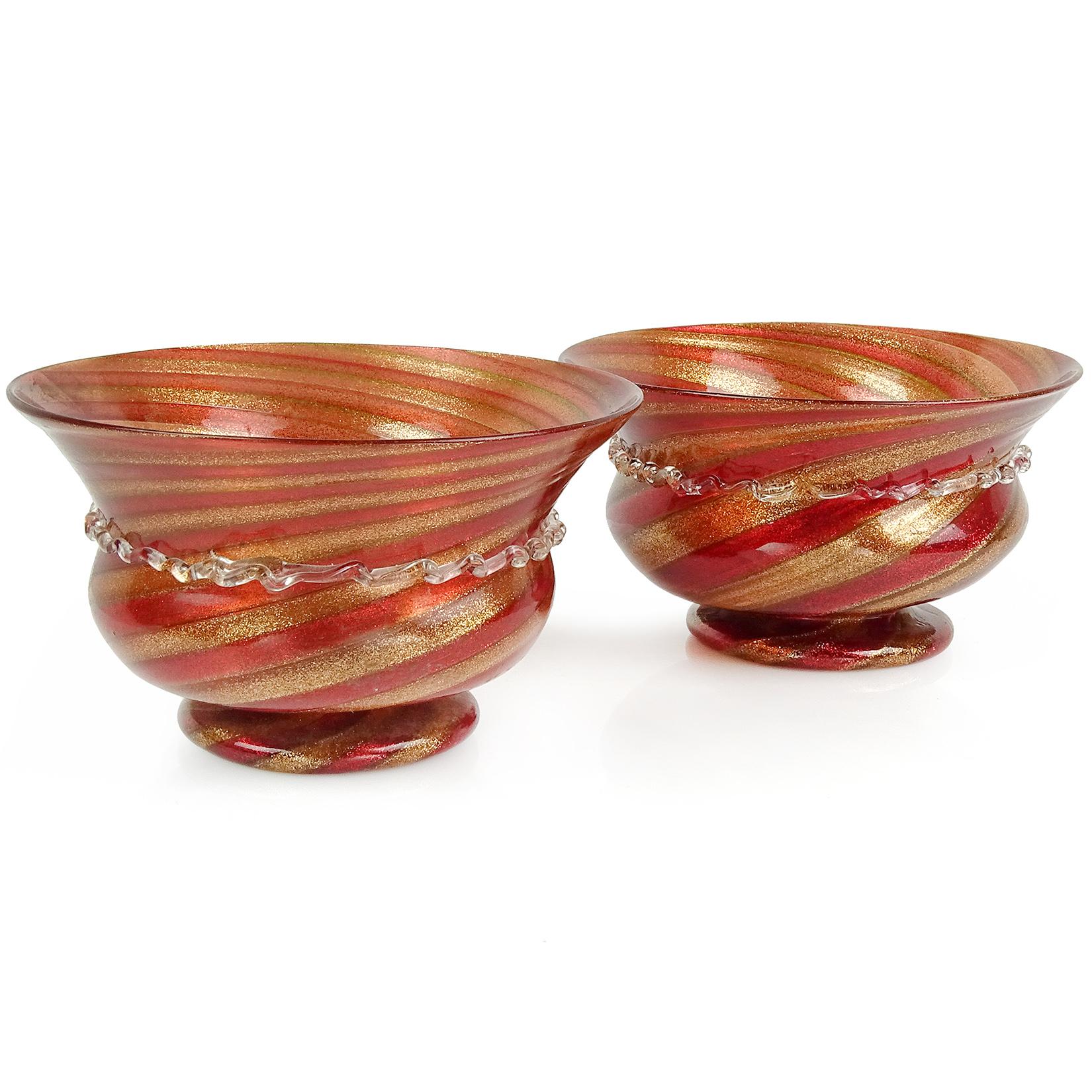 Priced per item (2 available). Antique Venetian hand blown copper aventurine and ruby red glitter flecks canes Italian art glass footed compote bowl. Documented to the Compagnia di Venezia e Murano company, circa 1880-1890. Published (see last