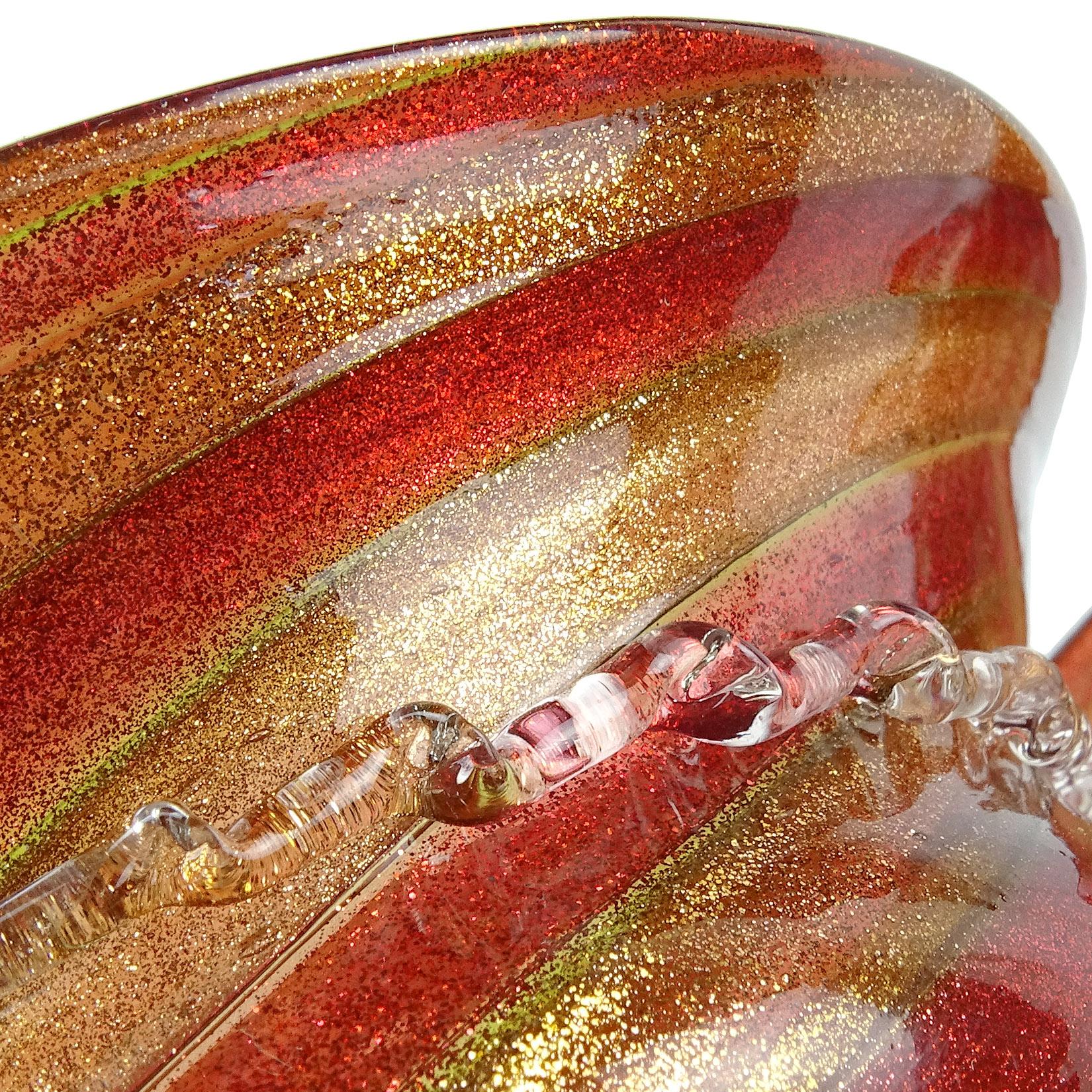 Hand-Crafted Compagnia di Venezia E Murano Aventurine Ruby Cane Italian Art Glass Footed Bowl