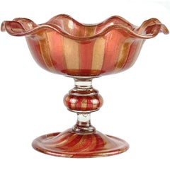 Antique Compagnia di Venezia e Murano Aventurine Ruby Cane Italian Art Glass Footed Bowl