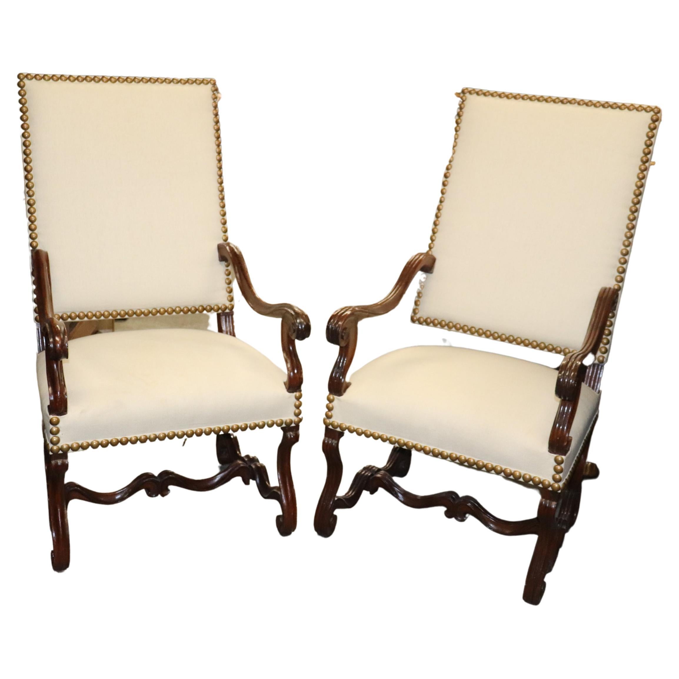 Companion Near Matched Pair of Brass Studded French Mutton Leg Armchairs