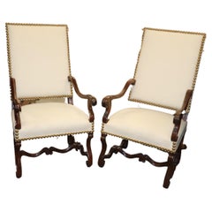 Companion Near Matched Pair of Brass Studded French Mutton Leg Armchairs