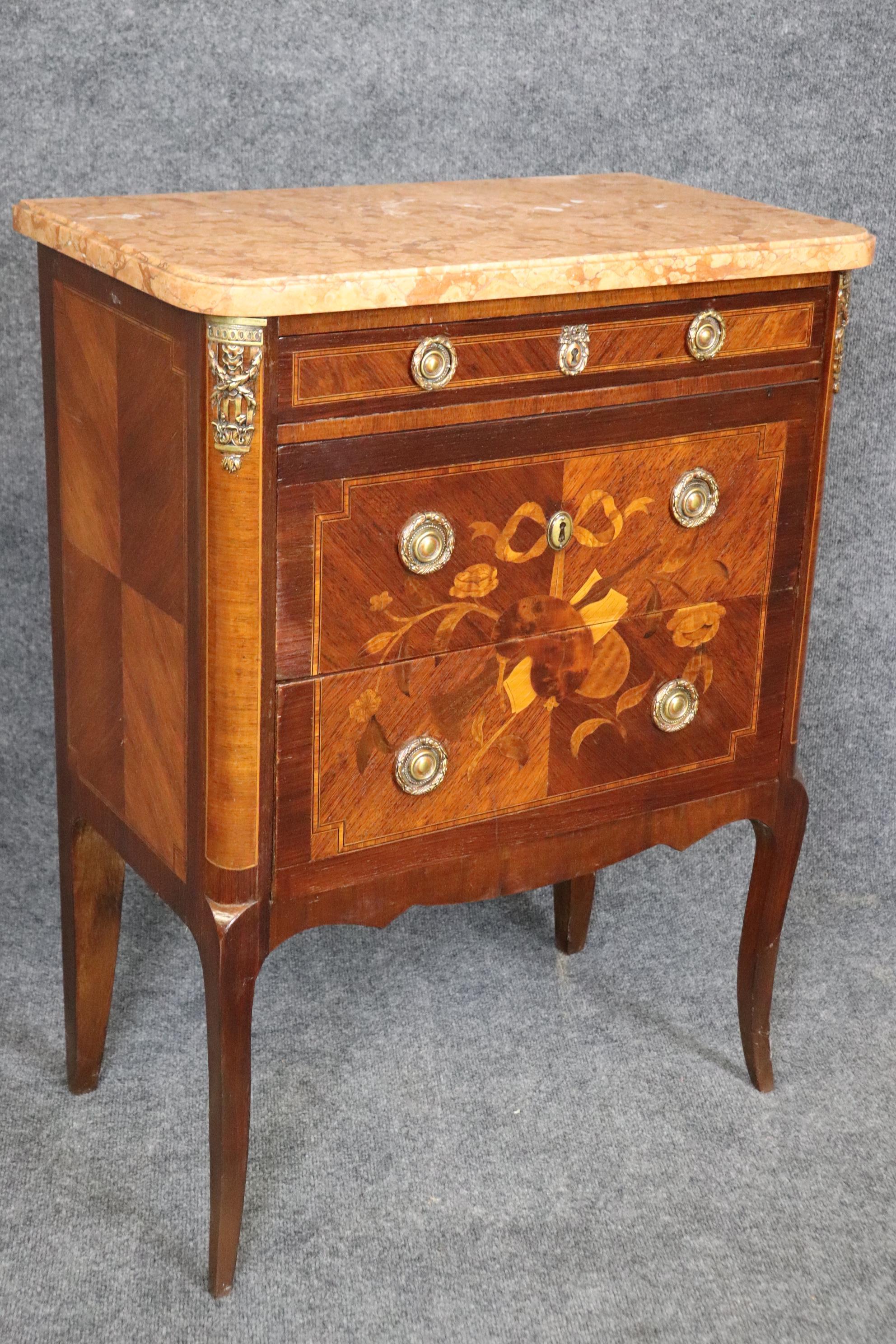 Companion Pair Inlaid French Marble Top Louis XV Nightstands Circa 1920s For Sale 6
