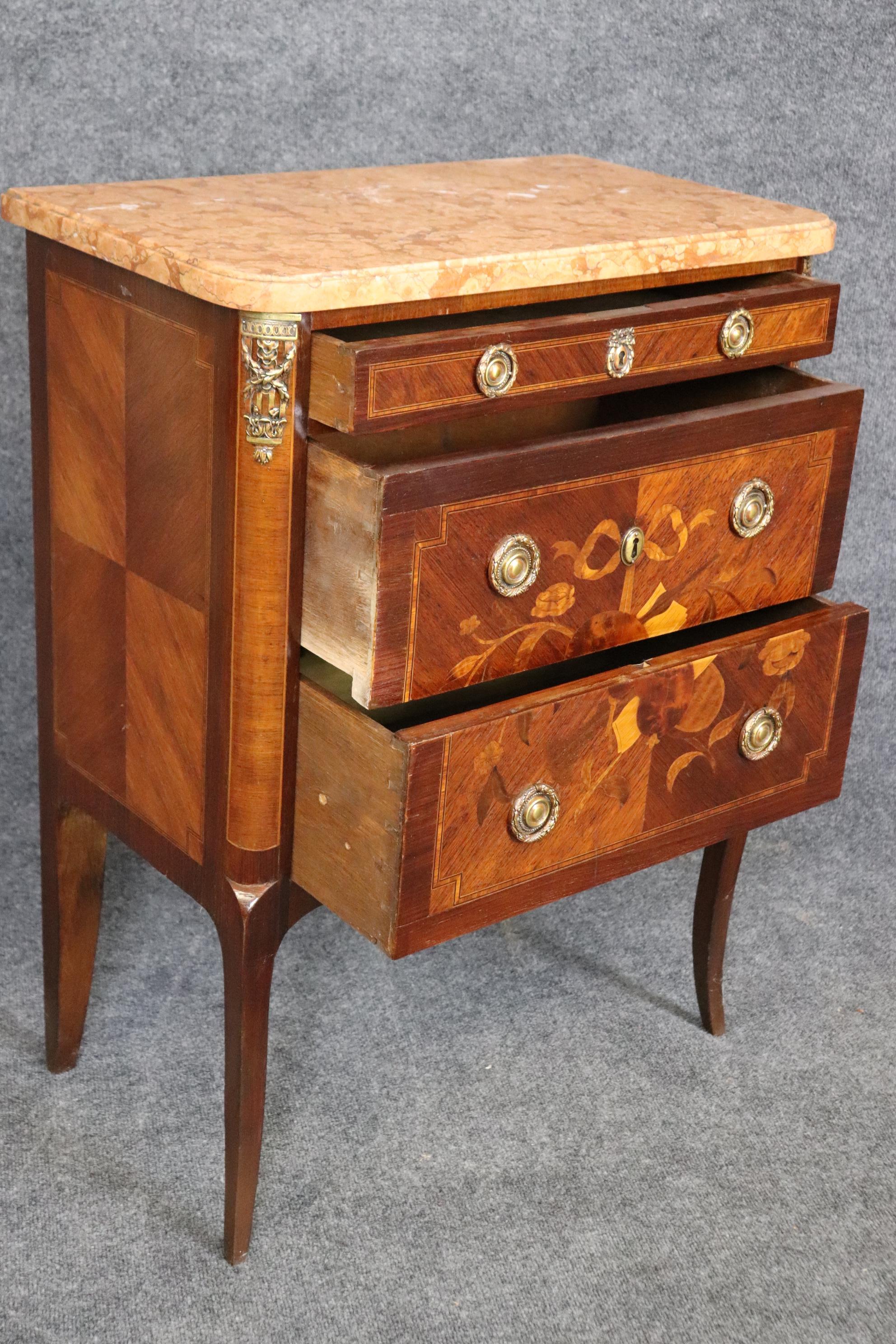 Companion Pair Inlaid French Marble Top Louis XV Nightstands Circa 1920s For Sale 7