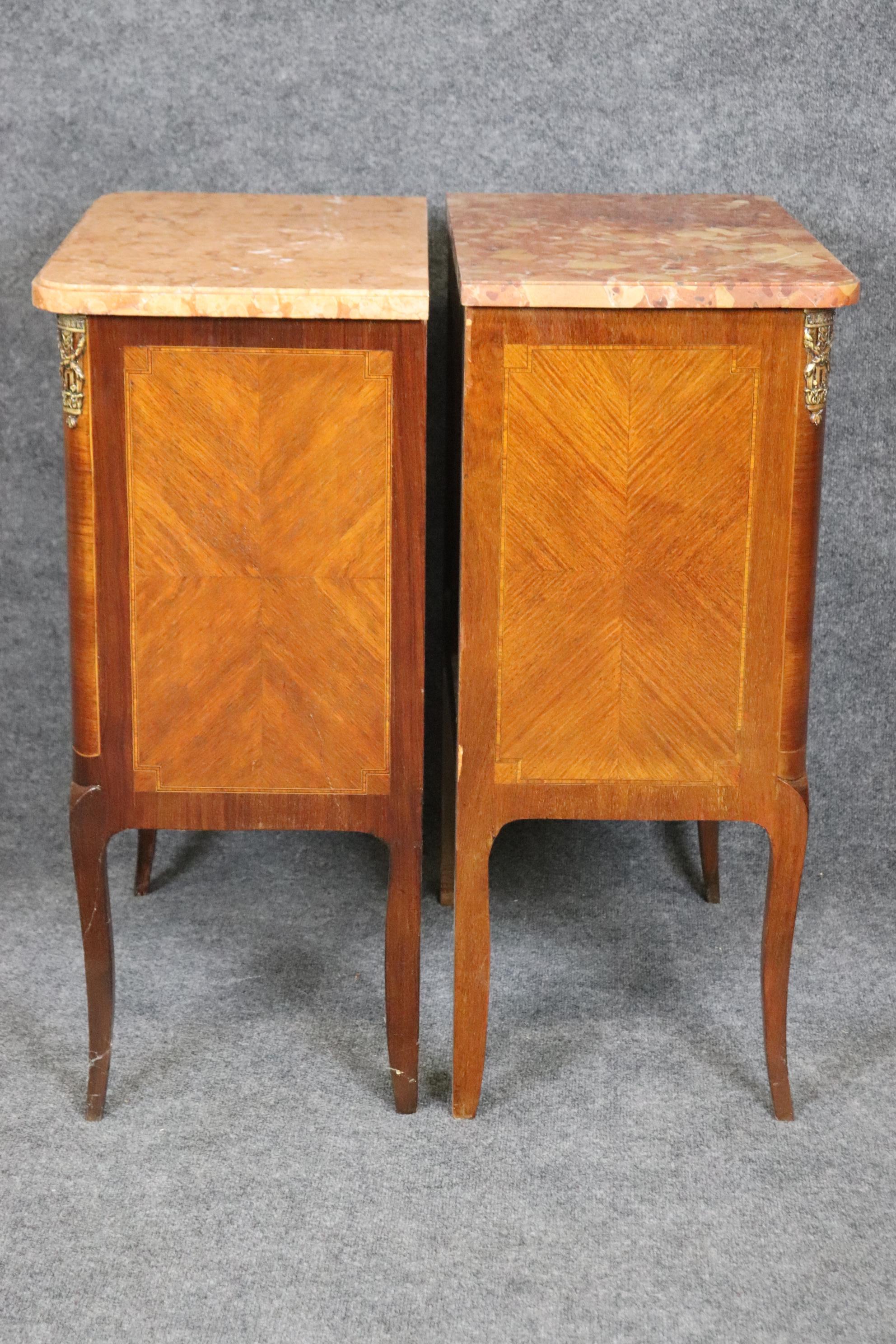 Companion Pair Inlaid French Marble Top Louis XV Nightstands Circa 1920s For Sale 1