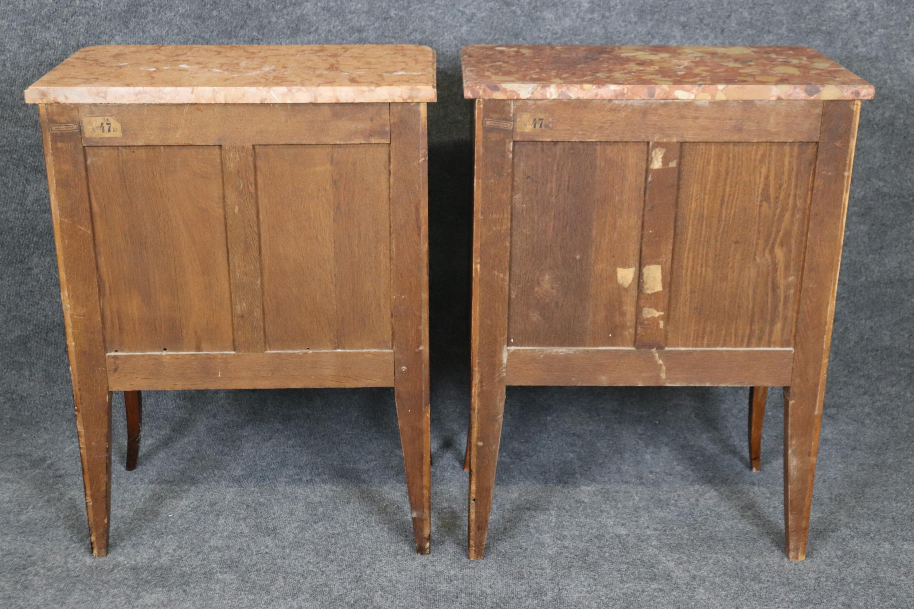 Companion Pair Inlaid French Marble Top Louis XV Nightstands Circa 1920s For Sale 2