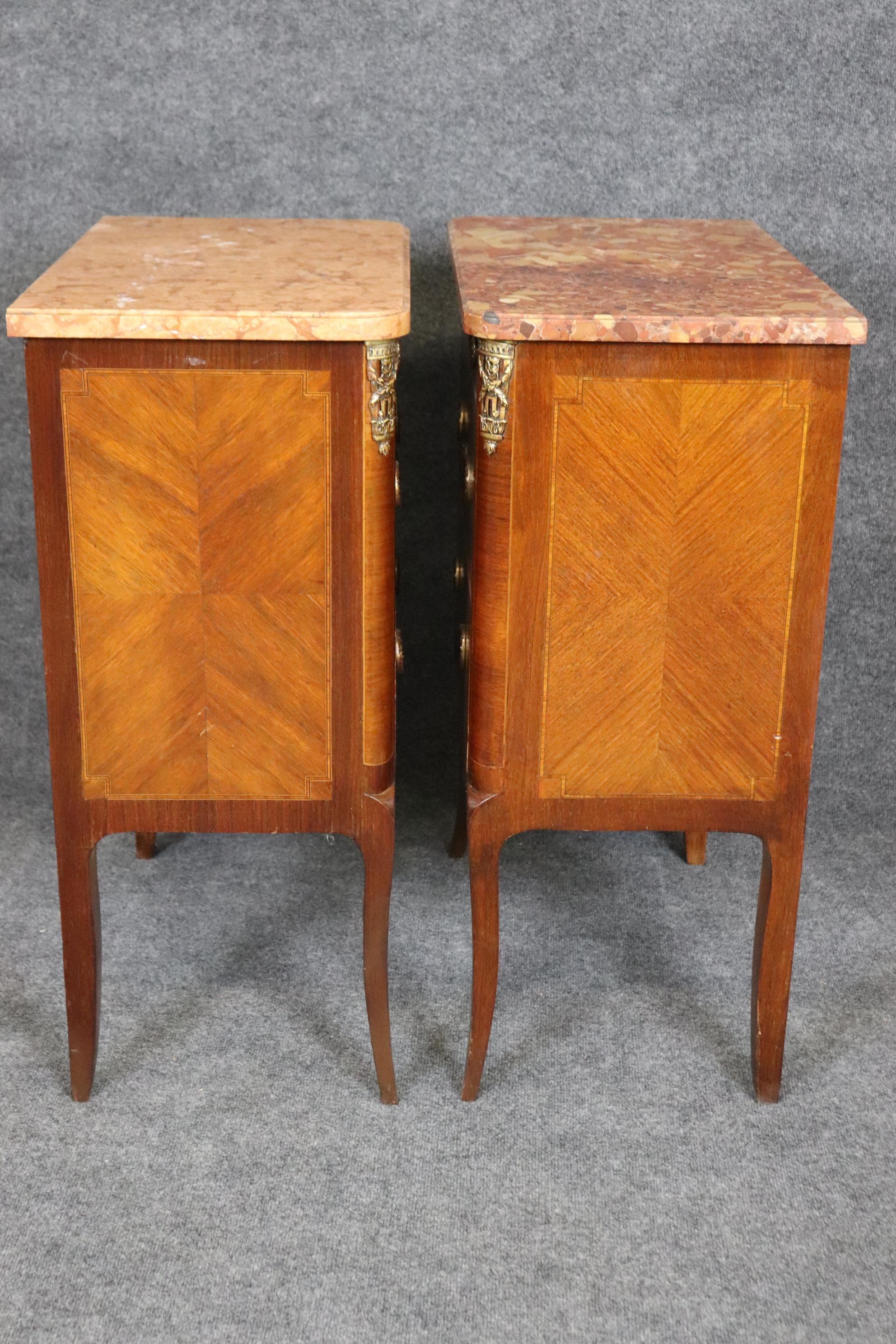 Companion Pair Inlaid French Marble Top Louis XV Nightstands Circa 1920s 4