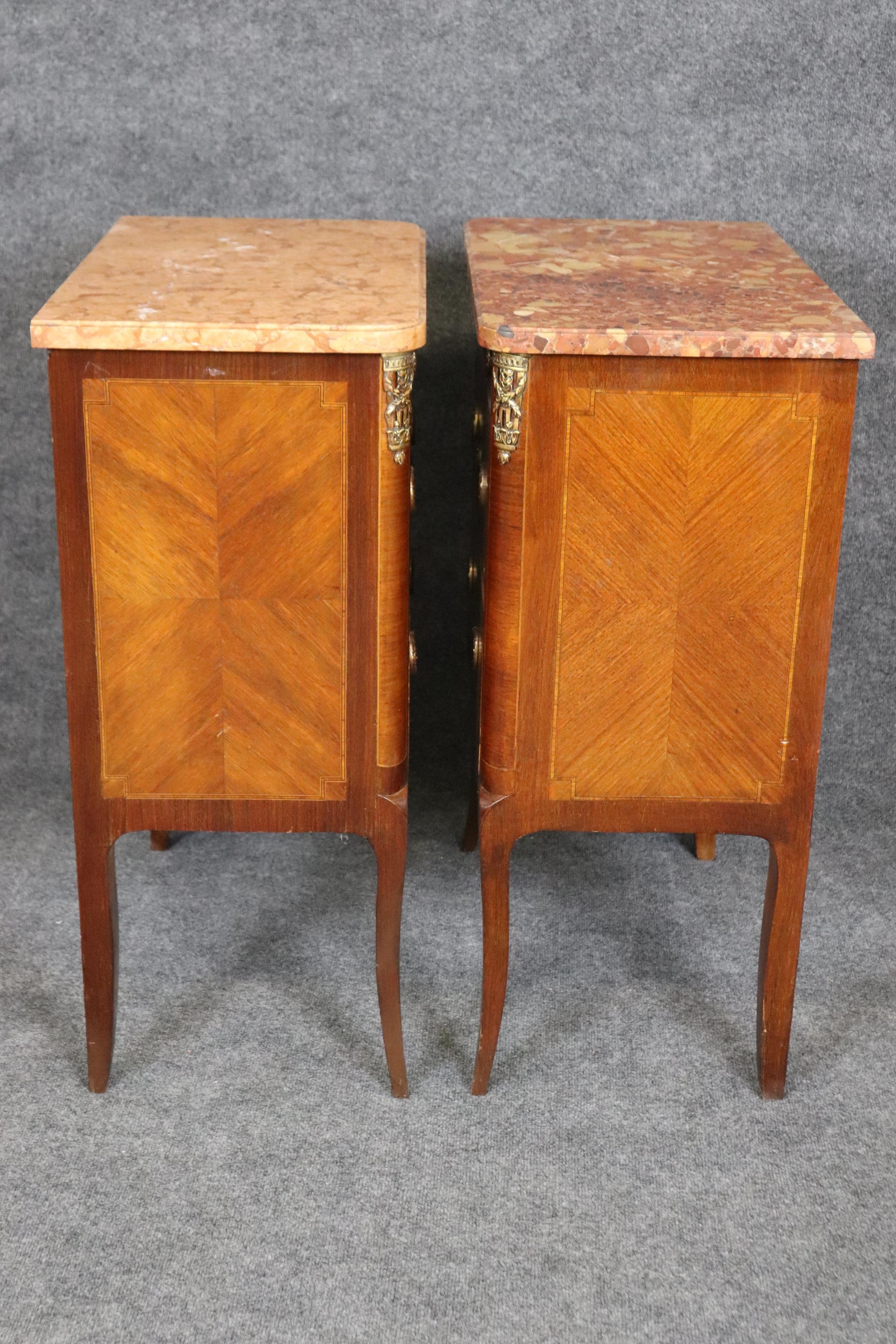 Companion Pair Inlaid French Marble Top Louis XV Nightstands Circa 1920s 5