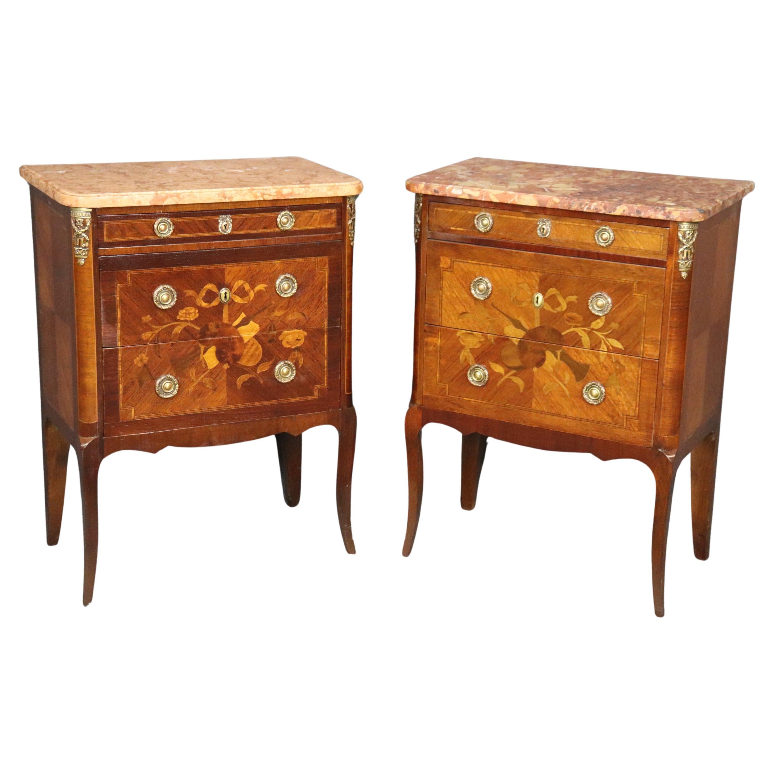 Companion Pair Inlaid French Marble Top Louis XV Nightstands Circa 1920s For Sale
