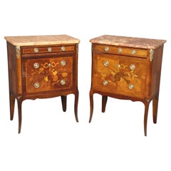 Companion Pair Inlaid French Marble Top Louis XV Nightstands Circa 1920s
