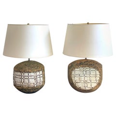 Companion Pair Italian Mid-Century Modern Pottery Geometric Lamps