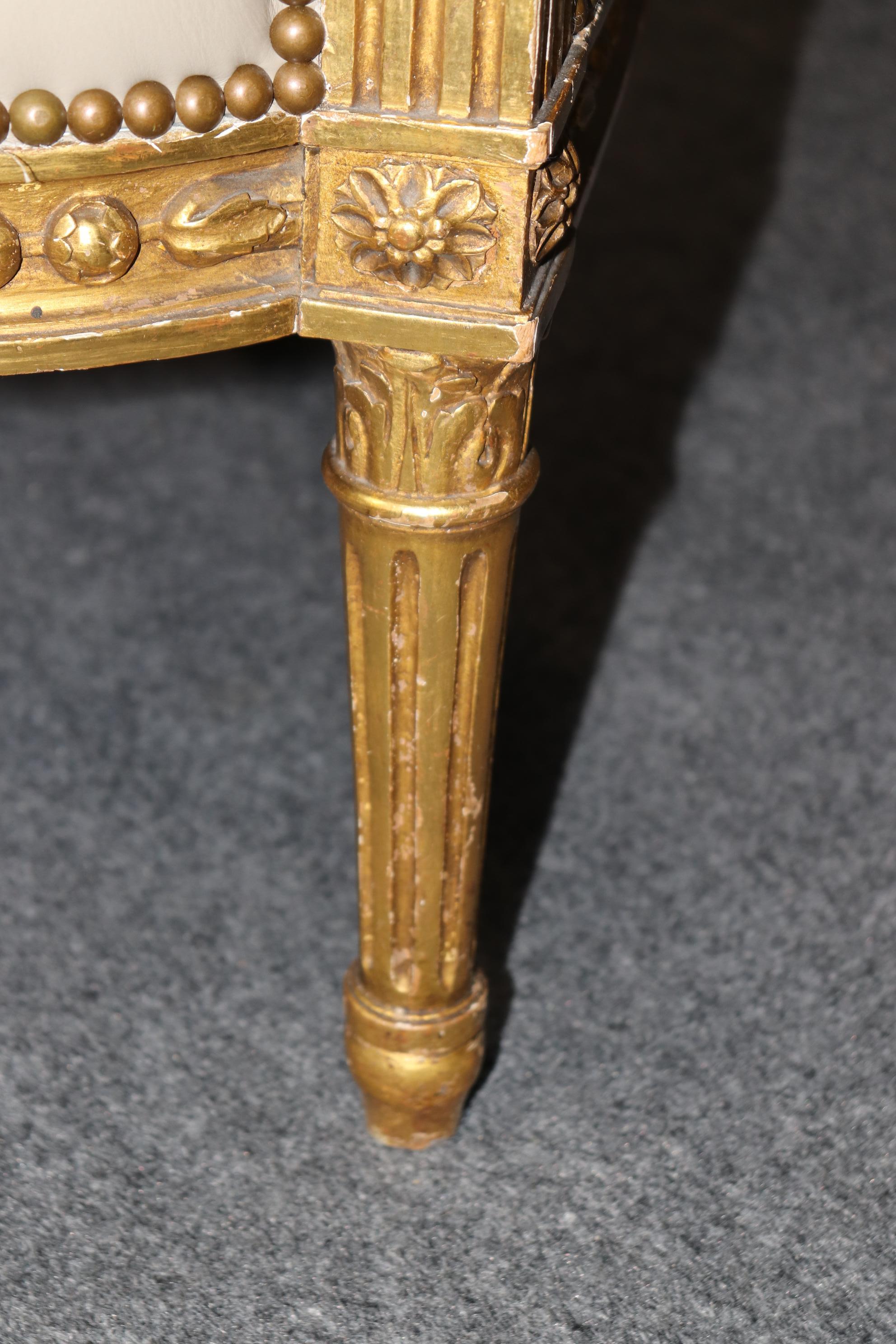 Companion Pair Louis XVI Style gold Gilt & Leather Upholstered Arm Chairs For Sale 5
