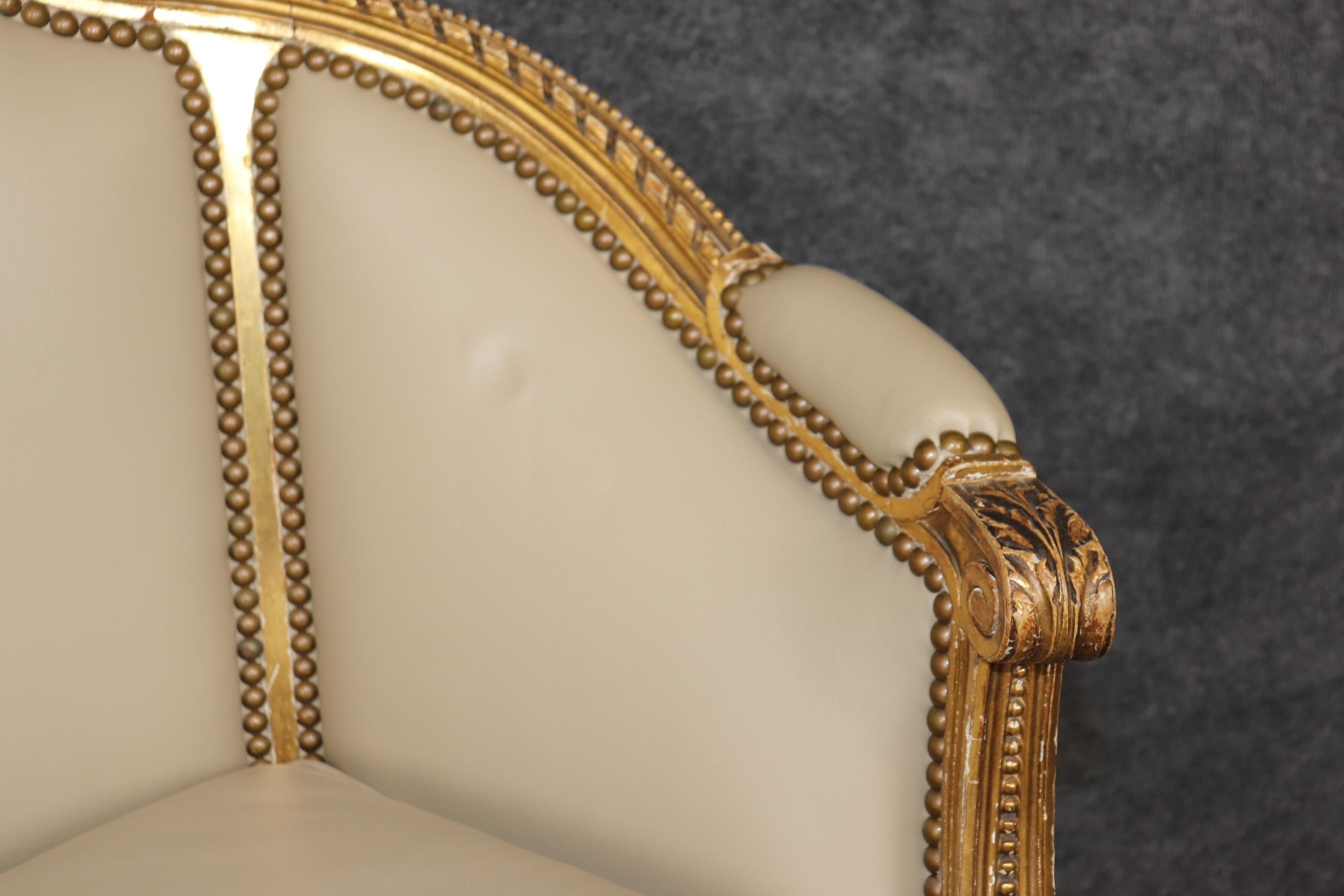 Companion Pair Louis XVI Style gold Gilt & Leather Upholstered Arm Chairs For Sale 6