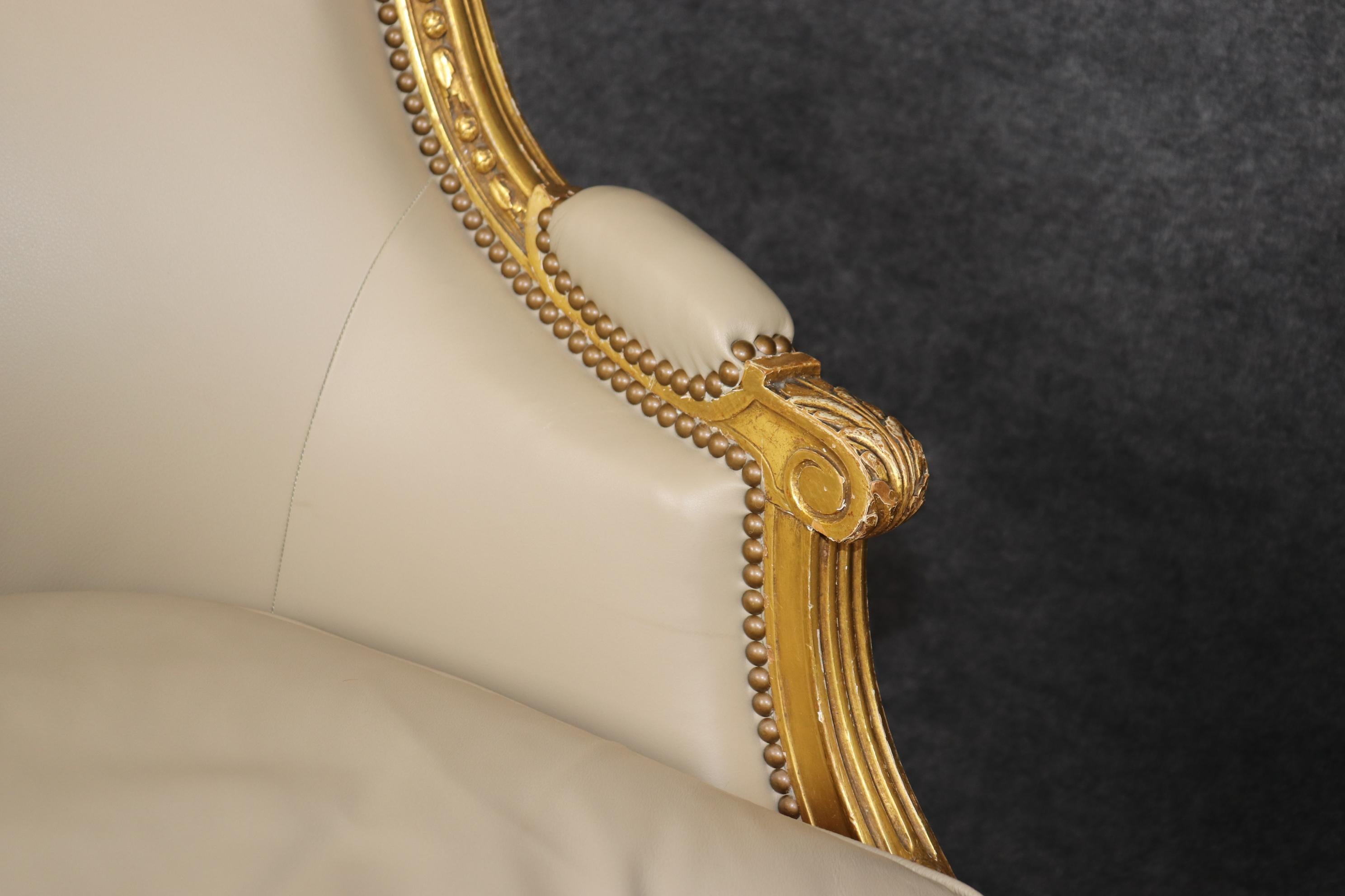 Companion Pair Louis XVI Style gold Gilt & Leather Upholstered Arm Chairs For Sale 7