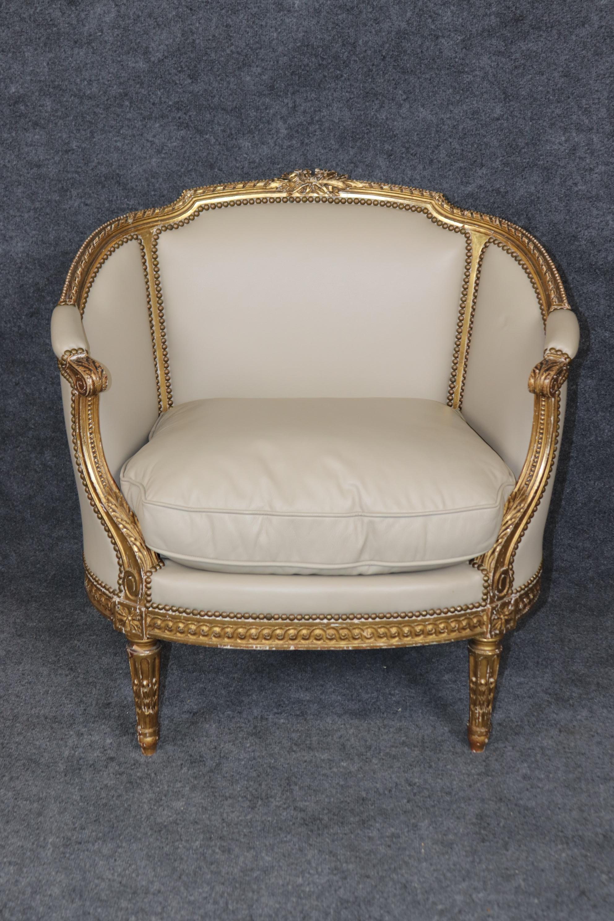 French Companion Pair Louis XVI Style gold Gilt & Leather Upholstered Arm Chairs For Sale