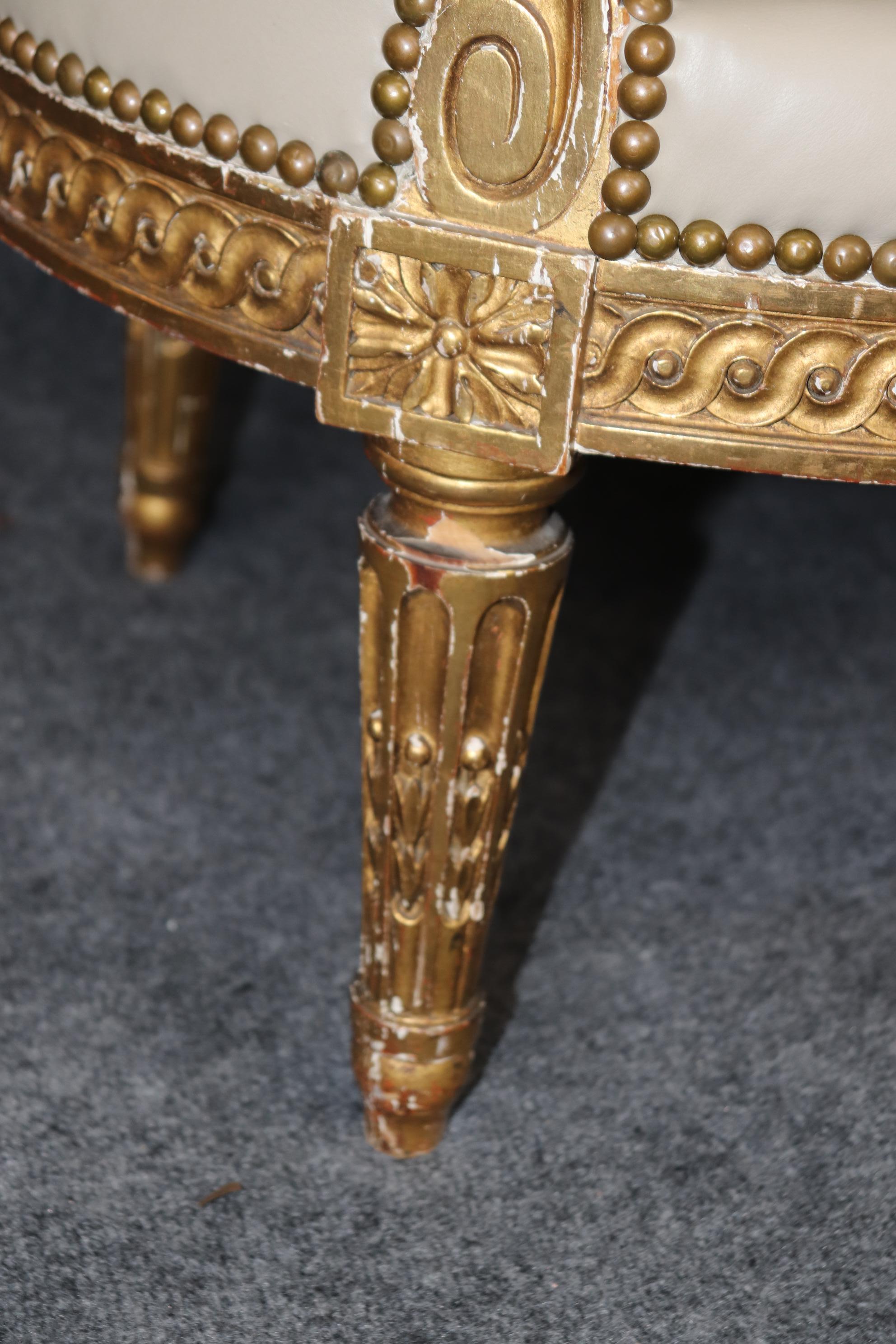 Companion Pair Louis XVI Style gold Gilt & Leather Upholstered Arm Chairs In Good Condition For Sale In Swedesboro, NJ