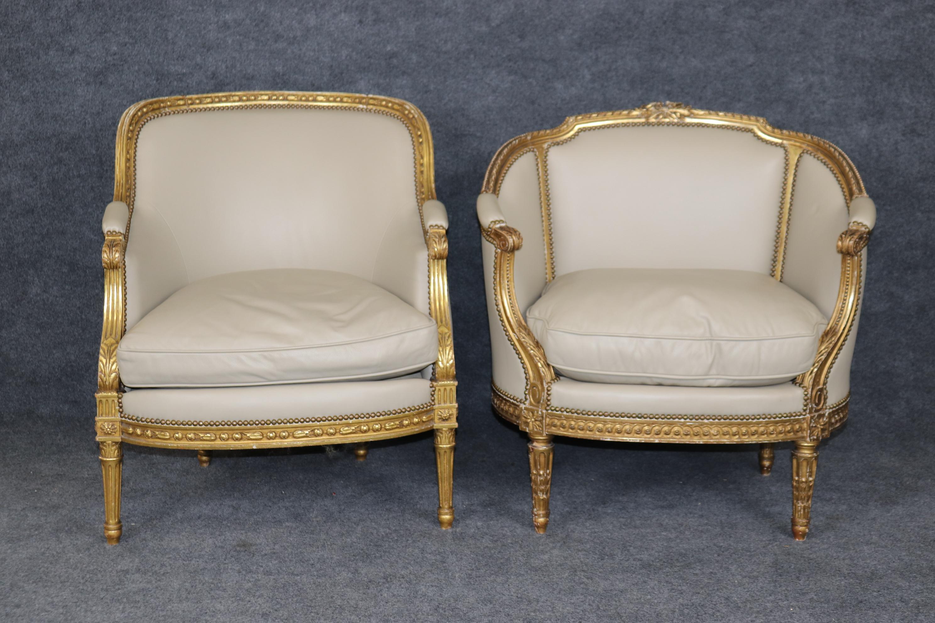 Companion Pair Louis XVI Style gold Gilt & Leather Upholstered Arm Chairs For Sale 1