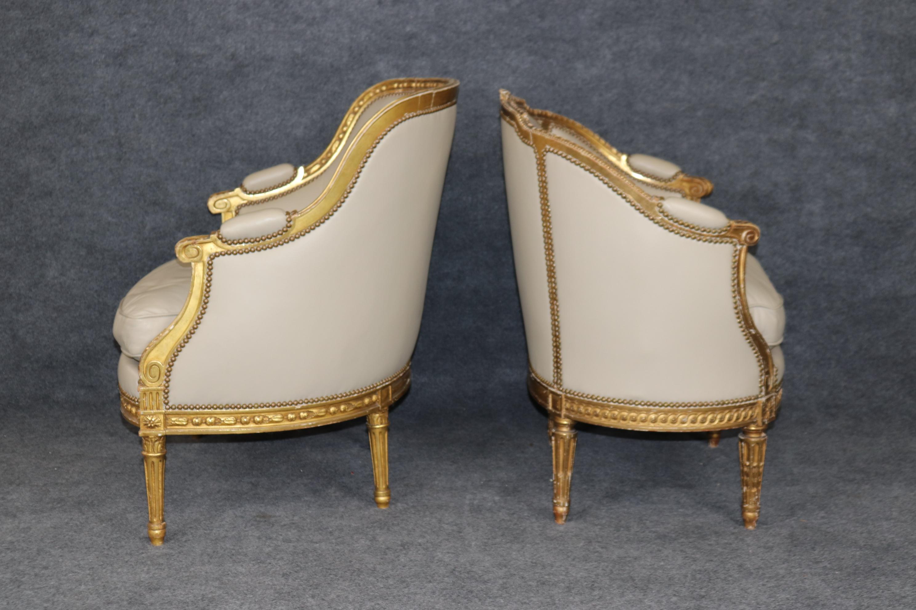 Companion Pair Louis XVI Style gold Gilt & Leather Upholstered Arm Chairs For Sale 2