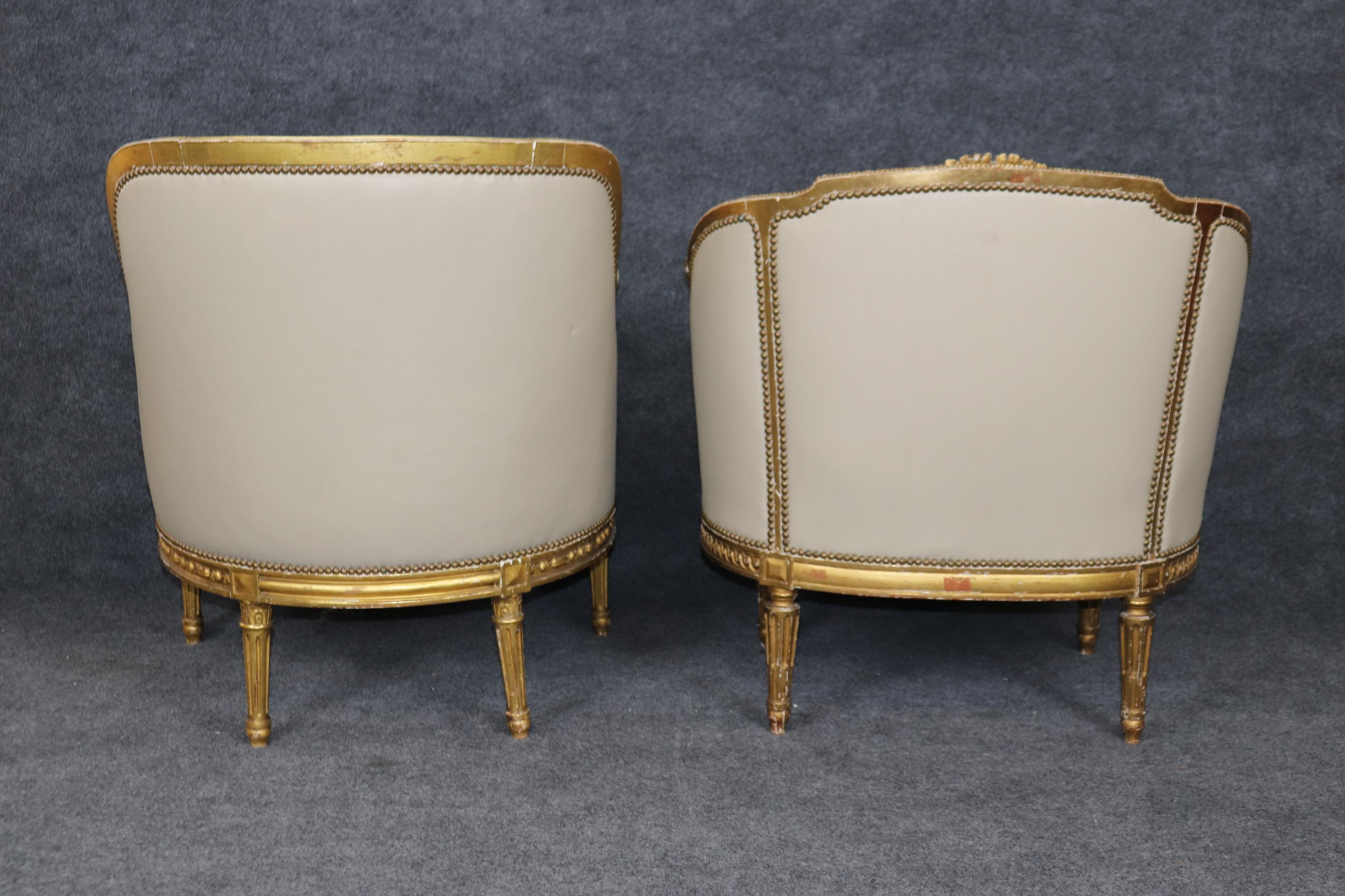 Companion Pair Louis XVI Style gold Gilt & Leather Upholstered Arm Chairs For Sale 3